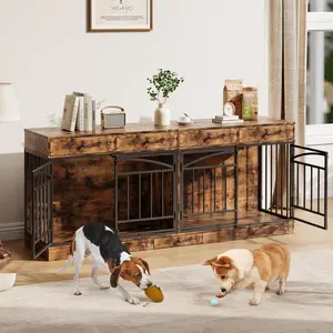 Premium Double Dog Crate Furniture Designed for Two Pups, Spacious Indoor Partitioned Kennel Featuring Four Large Storage Drawers and Attached Feeding Bowls, Sturdy Multi-Use TV Stand for Small and Medium Breed Dogs