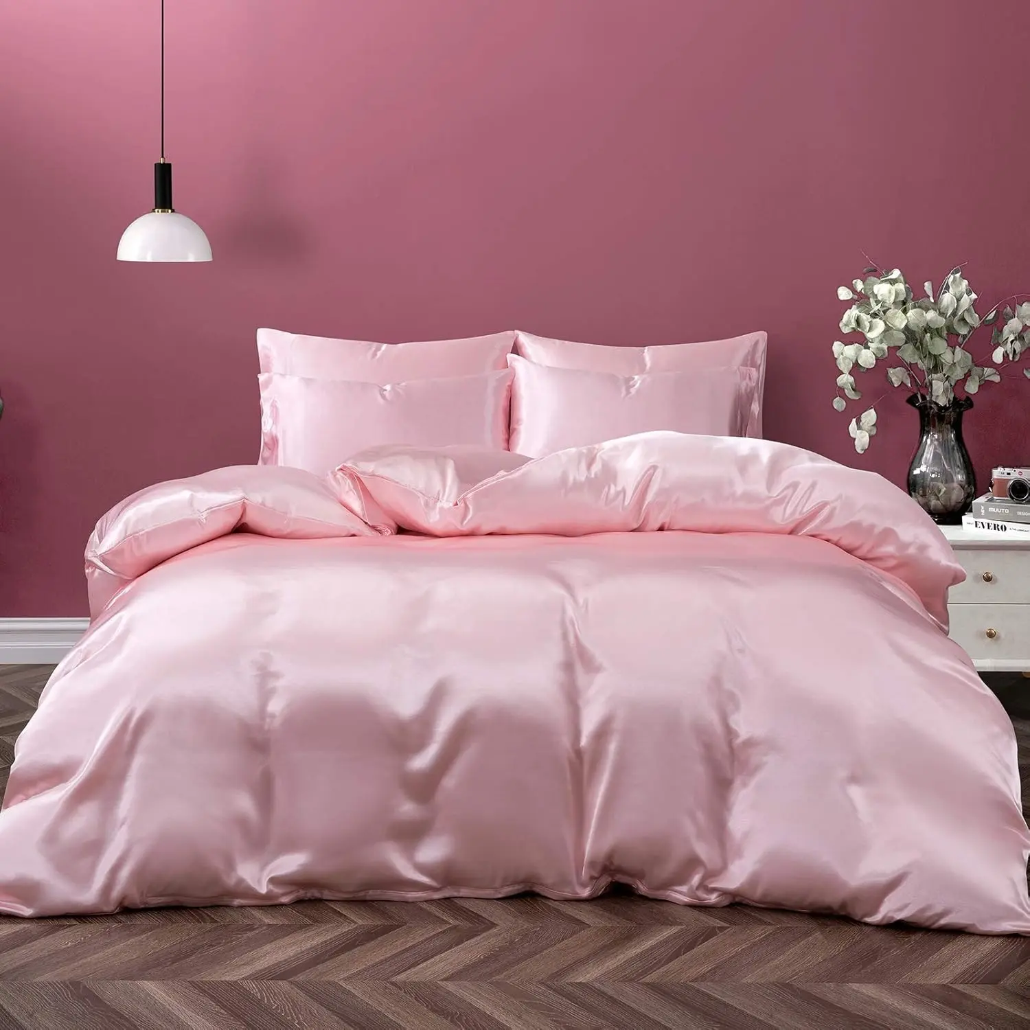 5 Pieces Blush Pink Satin Duvet Cover Full/Queen Size Set | Luxury Silk-Like Duvet Cover Bedding Set with Zipper Closure, Includes 1 Duvet Cover + 4 Pillowcases (No Comforter)