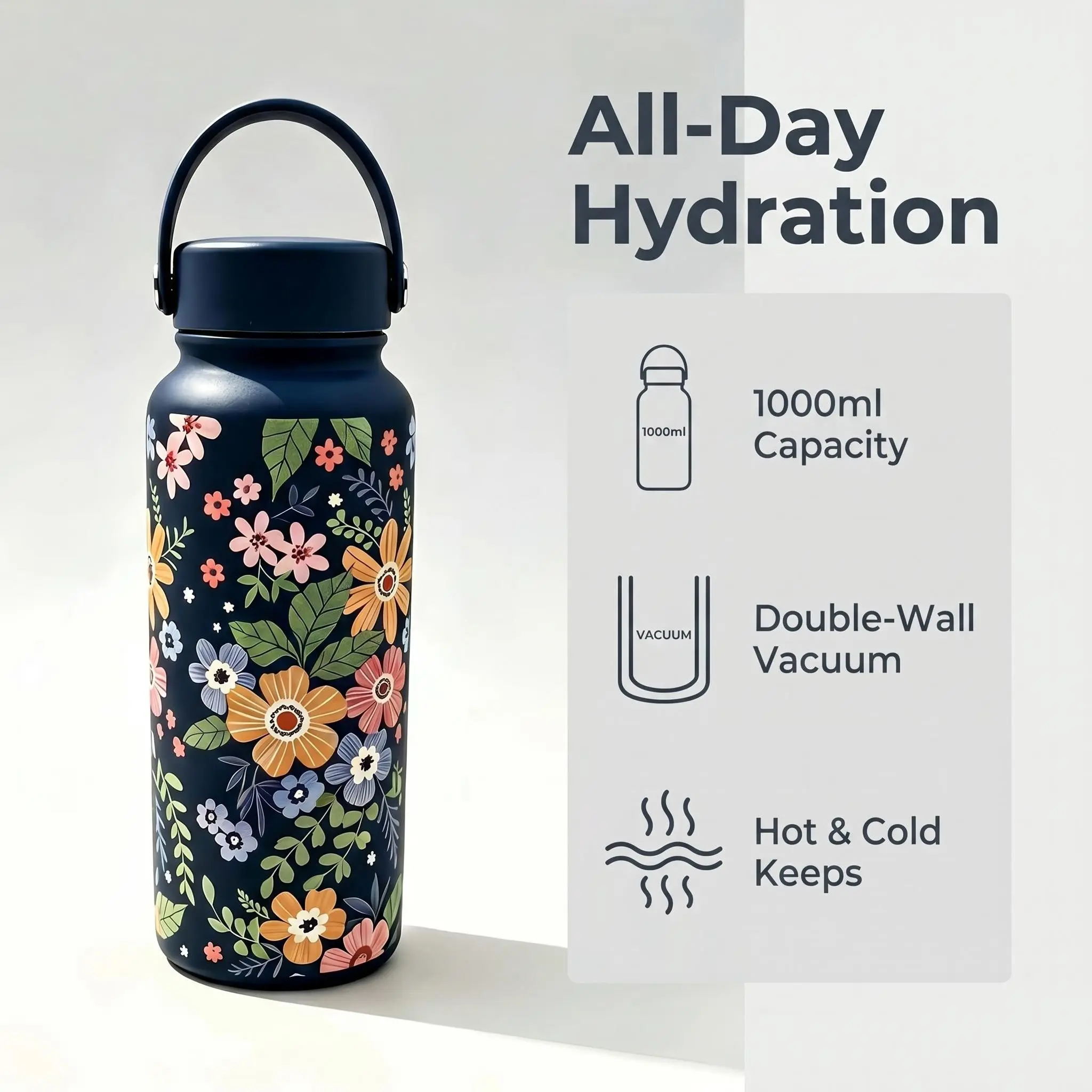 1000ML Floral 3D Print Insulated Cup, Dual Layer Stainless Steel, Long-Lasting Heat/cool Retention, Portable Water Bottle for Outdoor Activities