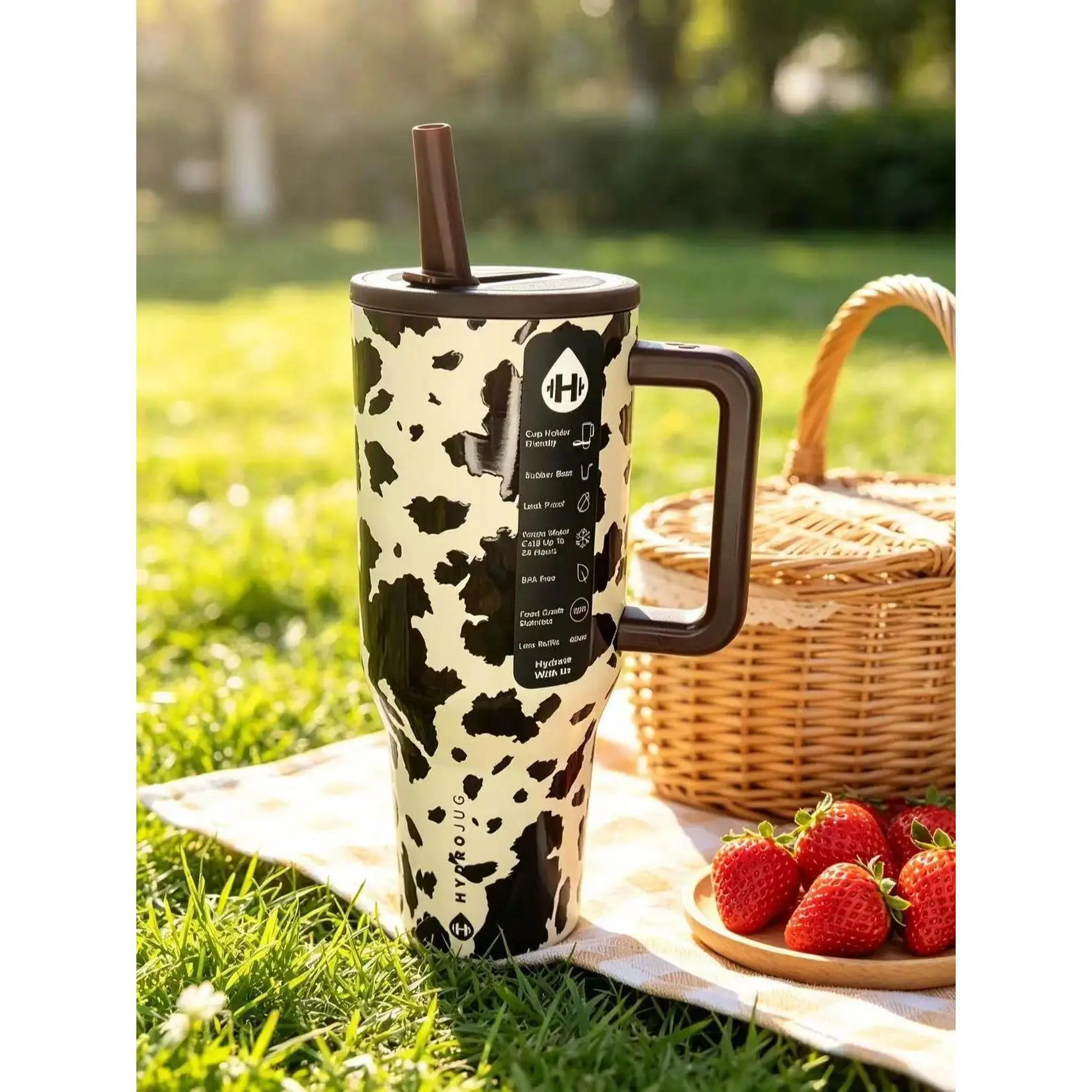 HydroJug 40oz Modern Retro Cow Print Vacuum Insulated Stainless Steel Flask Tumbler, Black Straw, Ergonomic Handle, Leak-Proof Lid, 24-Hour Cold Retention, Portable Water Bottle for Camping, Daily Carry Tumbler