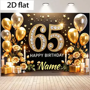 2D Flat Banner 1pc Diamond Number 65 Birthday Background Cloth, Luxurious Gold Star Rose Candle Gift Box Print Decor Wall Cloth