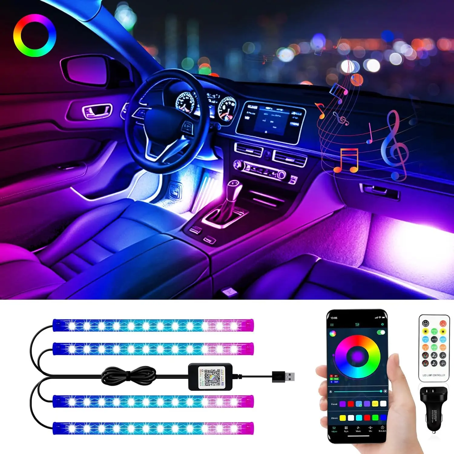 RGB LED Strip Lights for  App Control with Remote Led Lights  Interior with Charger  Sync Under  Footwell Neon Lighting Kit w/USB  DC 12V
