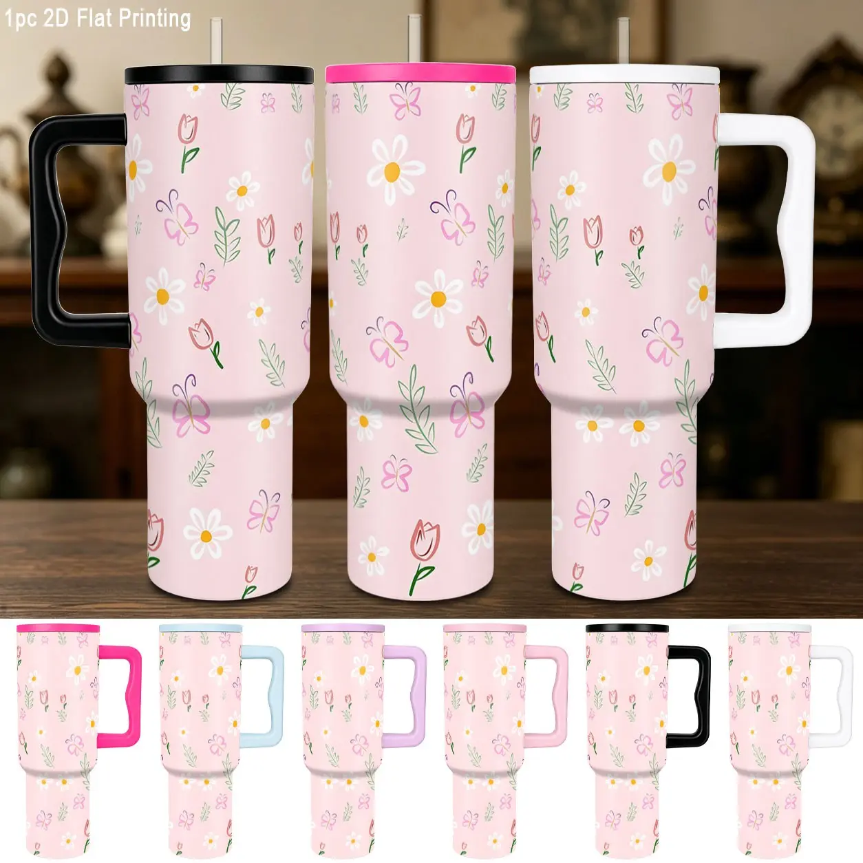 Adorable Floral Butterfly Print 40oz Vacuum Insulated Cup, 304 Stainless Steel, Ergonomic Handle, Leak-Proof Lid, Car Cup Holder Compatible