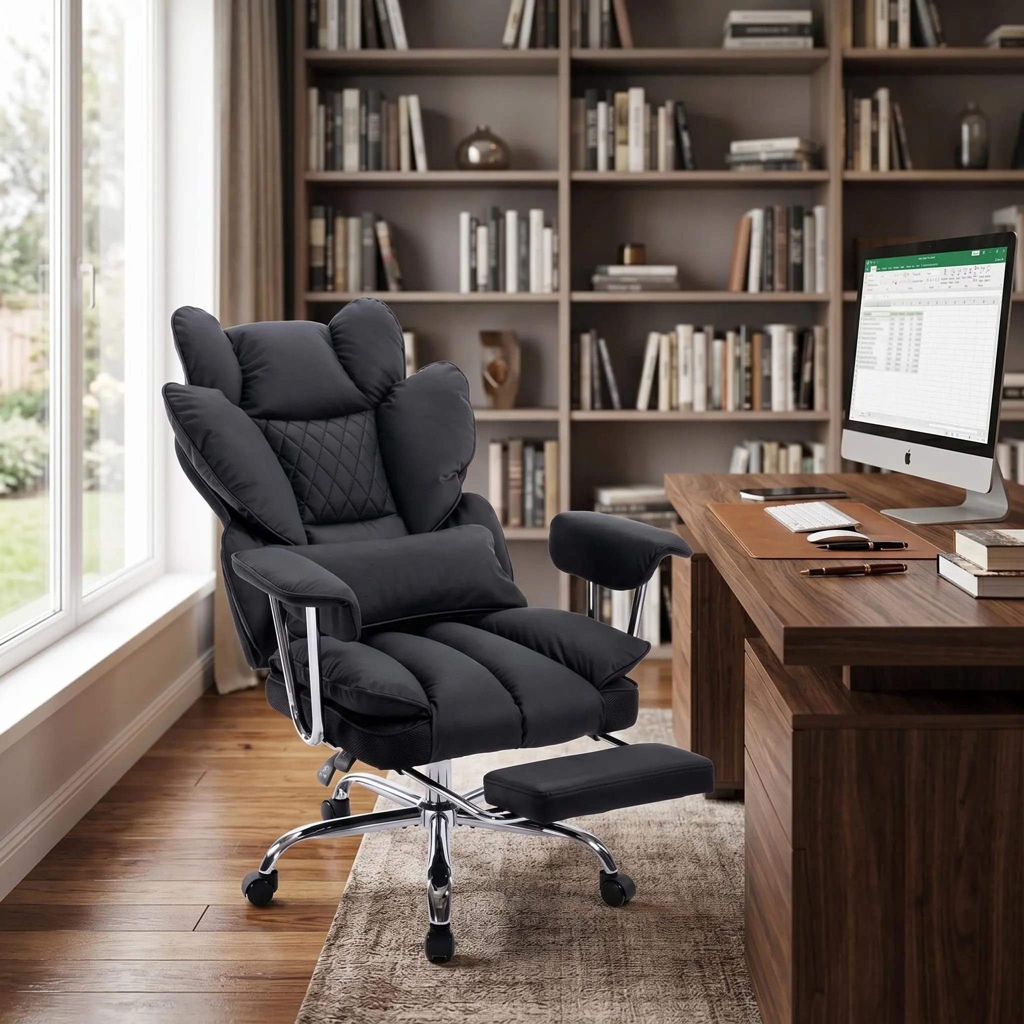 350LBS Heavy Duty Reclining Office Chair, Big & Tall Ergonomic Desk Chair with Wheels, Built-in Footrest, Adjustable Armrests and Pocket Spring Cushion, PU Leather Executive Chair for Home Office, Gray