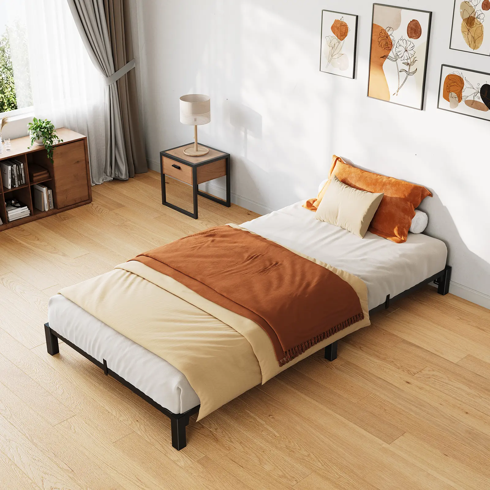 Multi sized metal platform bed frame - capable of bearing 800 pounds, heavy-duty steel bars, noiseless and tool free assembly - no need for box type springs, stored under the bed