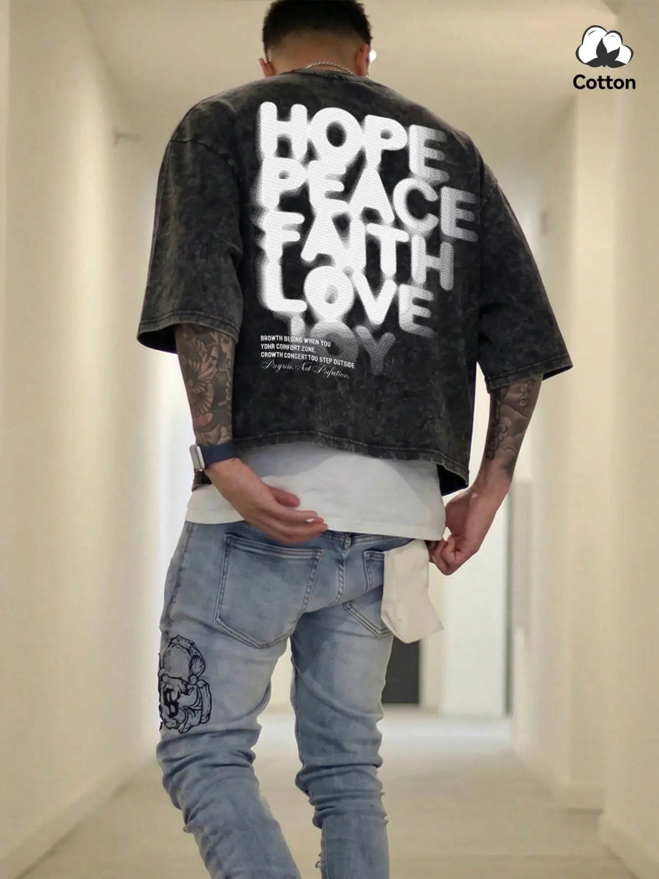 Men's washed, distressed cotton T-shirt featuring a boxy, cropped fit and heavyweight cotton fabric; designed with a minimalist slogan graphic—perfect for casual daily wear, commuting, or street-style looks.