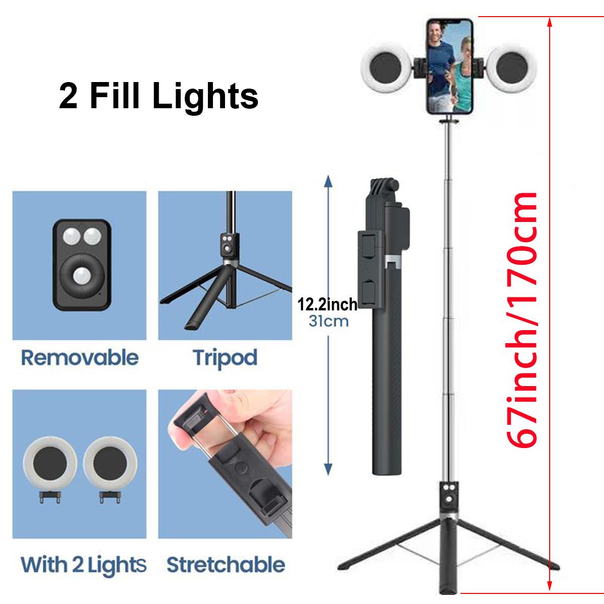 Retractable Phone Tripod with Dual Beauty Fill Lights, Portable Selfie Stick with BT Remote Control for Live Streaming, Phone Accessories, Selfie Stand