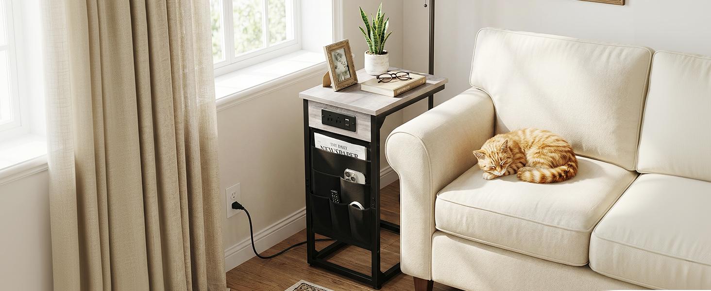 Shaped End Table , TV Tray Set of 2, Couch Tables with Storage Bag, Slide Under Sofa Side Table with USB Ports and Outlets for Living Room, Grey HET04CGY