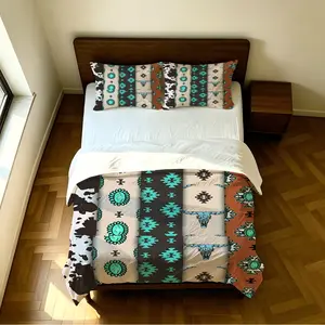 2/3 Piece Western Style Cowprint Aztec Turquoise Print Duvet Cover Set, Featuring a Stylish Southwestern Theme. Soft and Comfortable, Perfect for Decorating Bedrooms and Guest Rooms, and Suitable For Year Round Use.