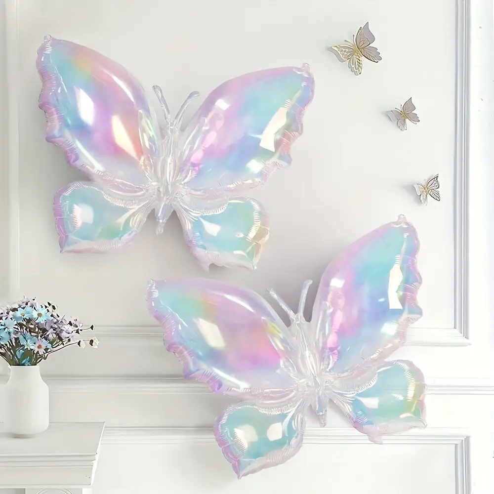 2Pcs Colorful Transparent Butterfly Foil Balloons Beautiful Butterfly Shape Party Balloon DecorFor Birthday Anniversary Holiday Celebration Photo Backdrop Outdoor Garland Wall Background Decorations Girl Themed Gathering Wedding Baby Shower Party Supplies
