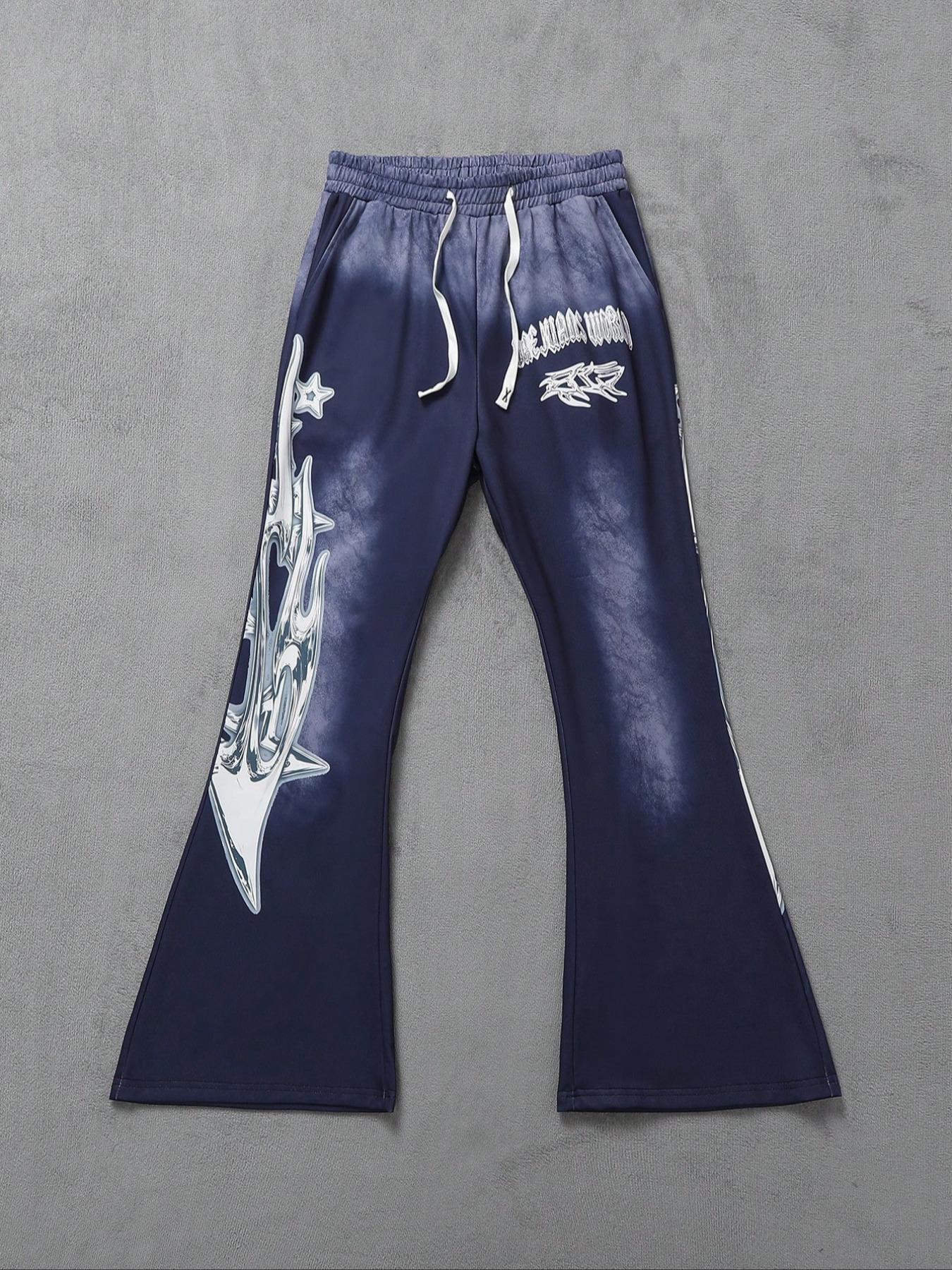 Men's Regular Fit Graphic Print Drawstring Waist Sweatpants, Street Fashion Casual Pocket Trousers for Daily Wear, Men's Bottoms for All Seasons, Flare Leg Pants, Casual Streetwear Trousers, Casual Street Style