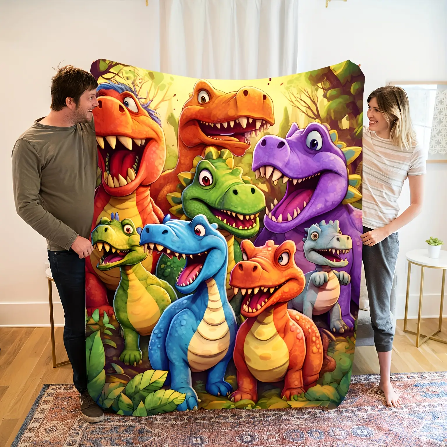 Cute Cartoon Little Dinosaur Printed Fleece Blanket - Soft, Warm, Stain-Resistant, Travel-Friendly - All-Season Digital Printed Sofa Cover for Office, Bedroom