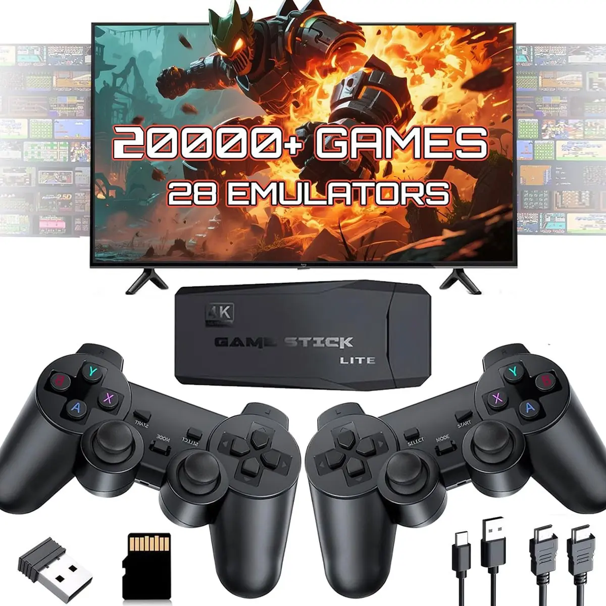 Plug and play retro Video game console, 64GB massive memory, pre installed with over 4000 games, 23 major platform simulations (including PSP/PS1/FC/GBA), two player controller for play, high-definition TV direct connection, no need to set up boot up