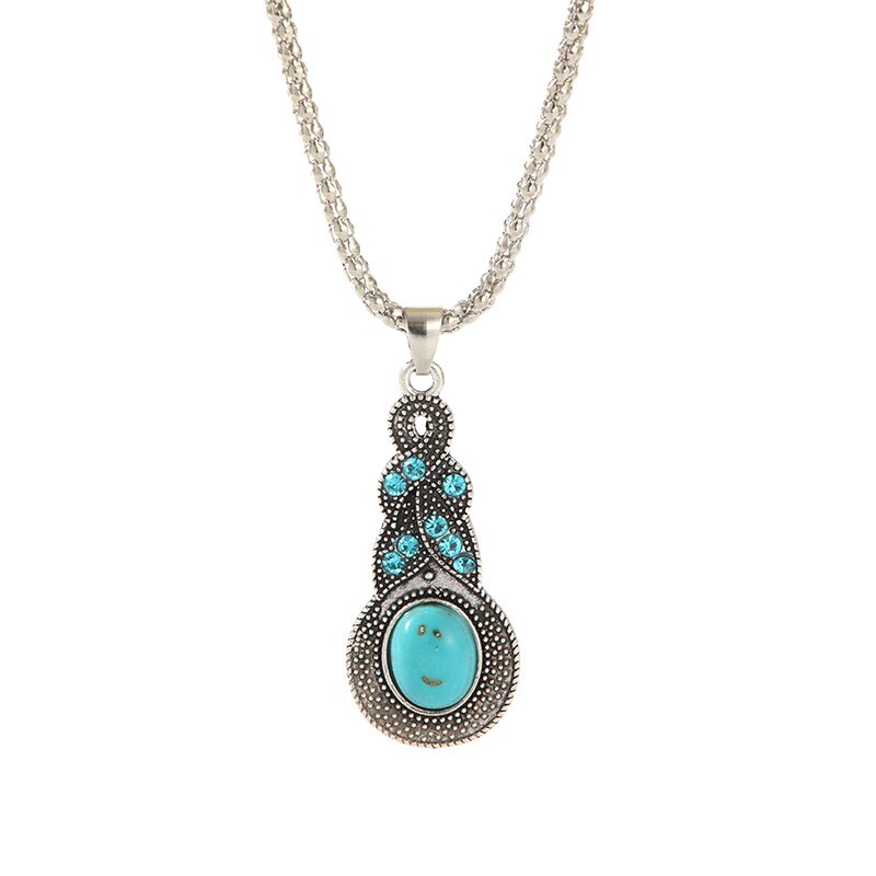 3pcs Necklace Earrings Set For Men And Women Vintage Style Blue Crystal Inlaid Turquoise Pendant With Lantern Chain Jewelry