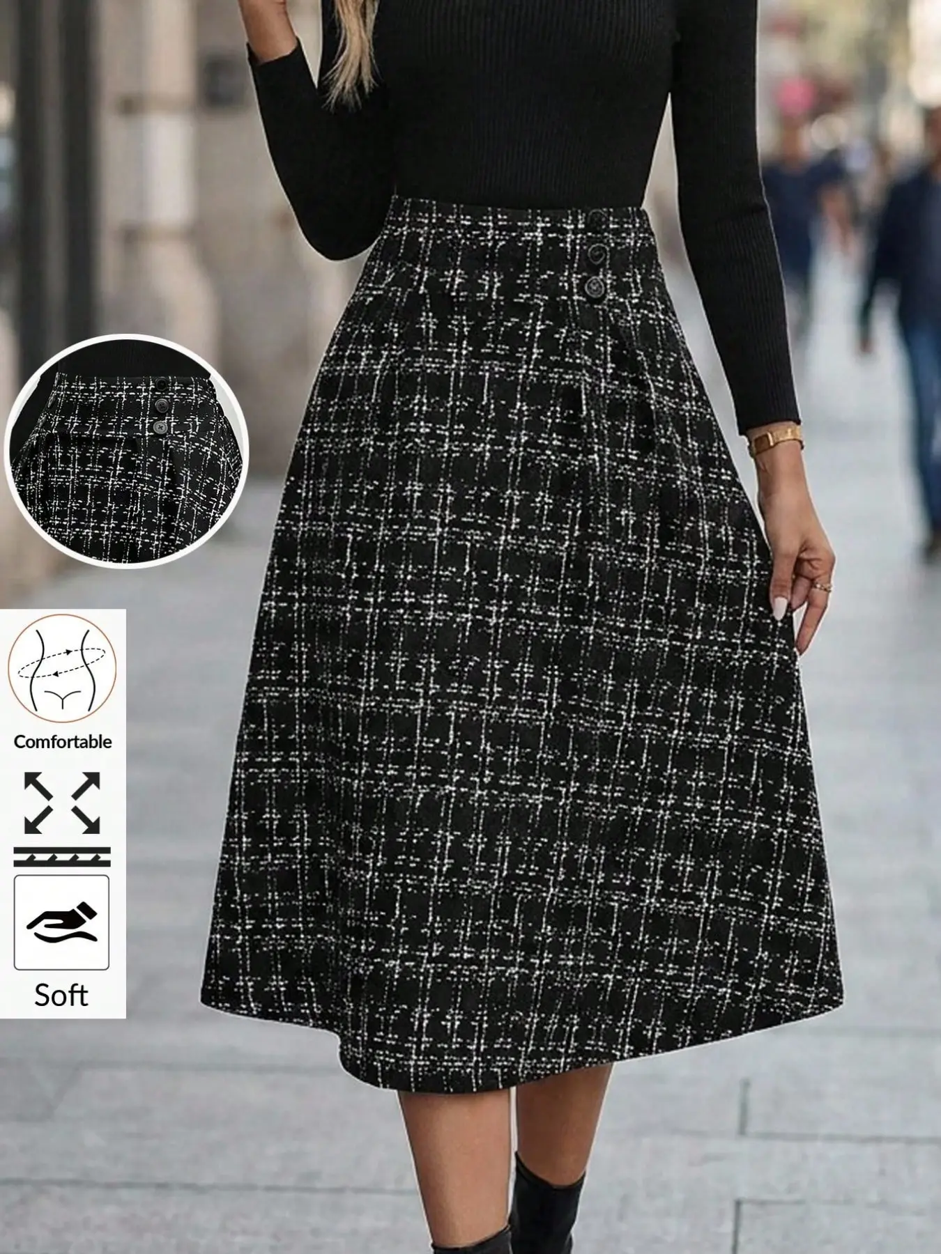 Women's Plaid High-Waisted A-Line Midi Skirt, Elegant Button Front Flared Umbrella Skirt, Stylish and Comfortable Fashion Piece