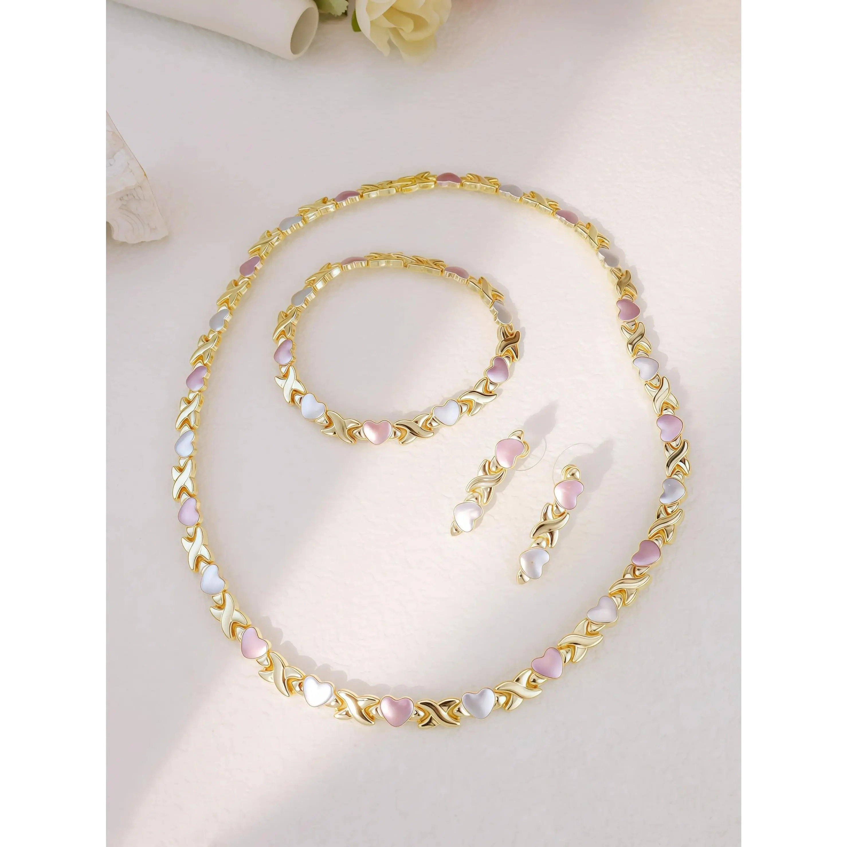 Royal-Inspired Color XO Heart Necklace & Bracelet & Earrings Set, Matching Jewelry Set, Casual Style Metal Chain Design Jewelry for All Seasons, Complete Accessories Set, Fashionable Jewelry Set, Trendy Jewelry Set, Jewellery Gift Set