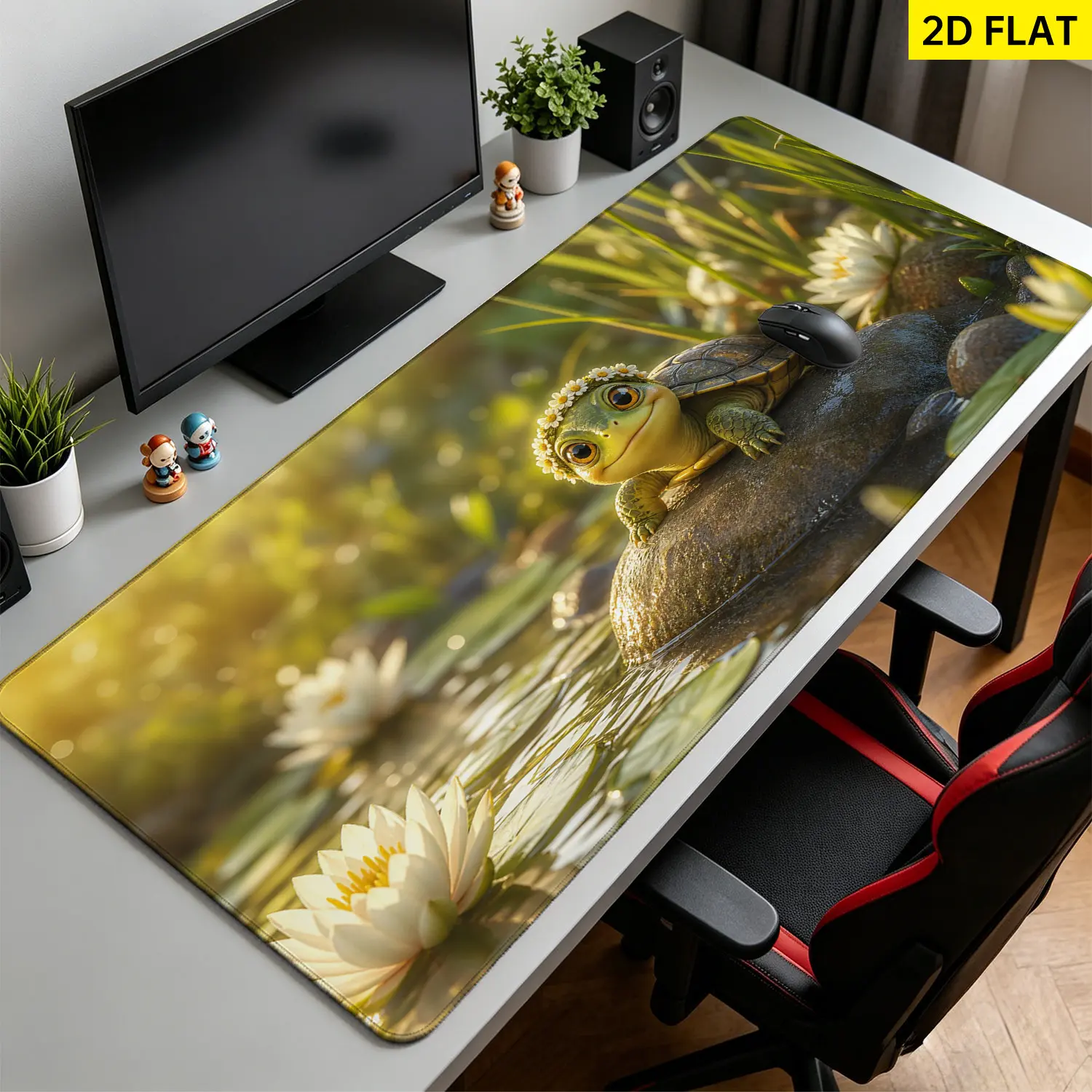 Extra Large cute turtle with daisy wreath in pond Mouse Pad,Non Slip Rubber Pad,Desktop Decoration Drotection Pad,Washable,Lock Edge Multi Size,Premium Multipurpose Mousepad For Home,Office,Gift for Family and Friends
