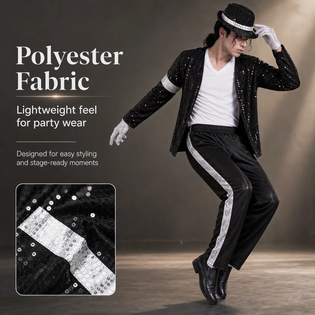 Adult Men Classic Dancer Cosplay Costume Set, Black Sequin Jacket Striped Pants Hat Gloves Outfit, Retro Pop Star Stage Performance Costume for Halloween Party Aesthetics Breathable