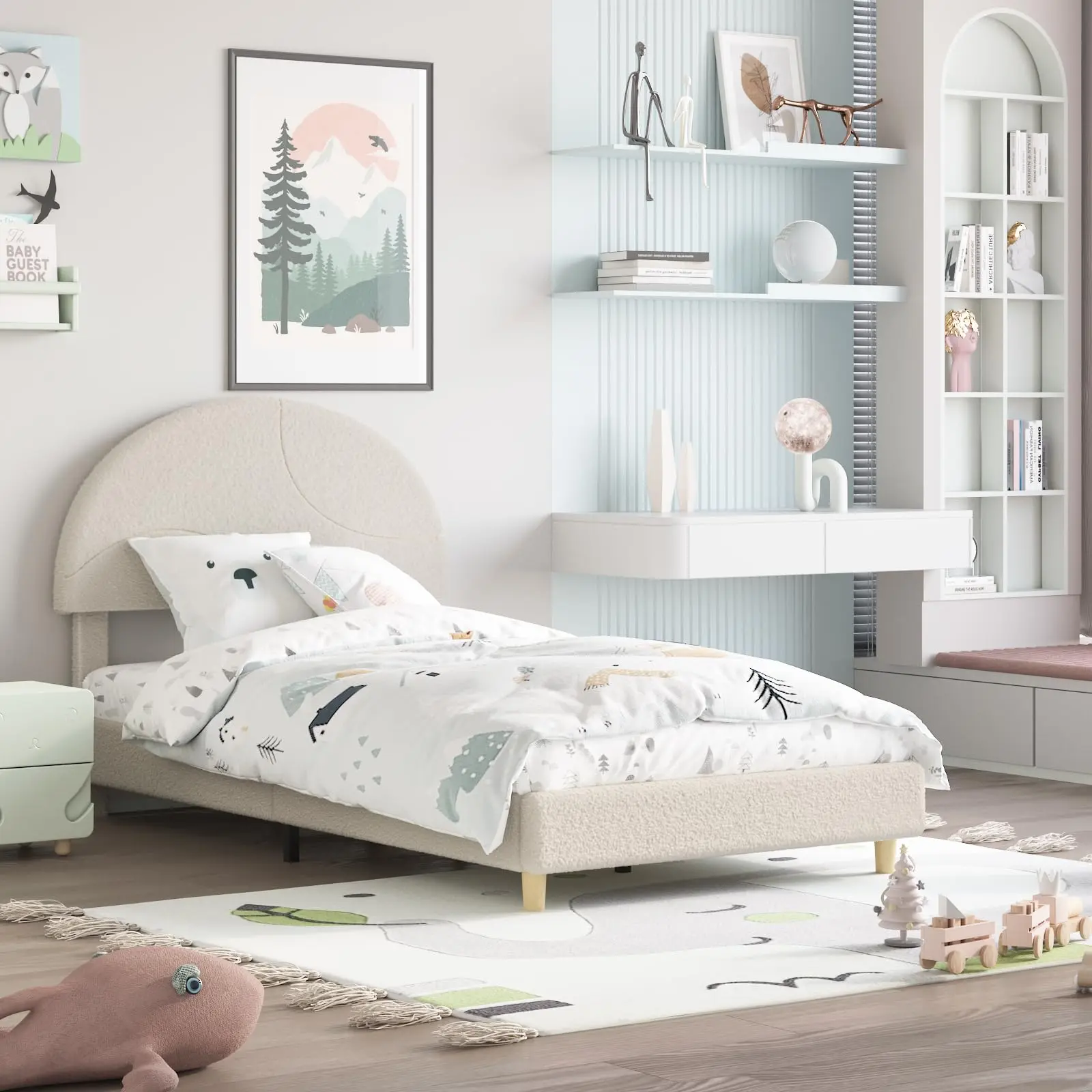 Garvee Twin Bed Frame with Upholstered Round Boucle Headboard in Soft White, Blue, or Pink & White. Features Arch-Shaped Design, Wooden Slats, No Box Spring Needed, and Easy Assembly.