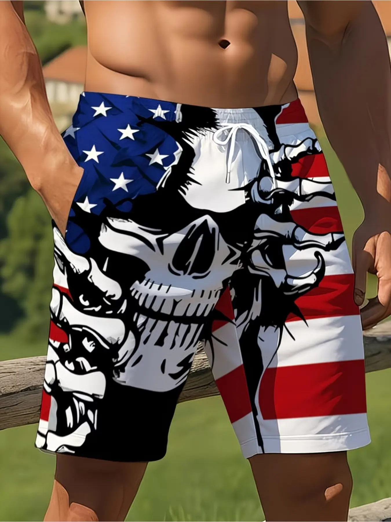 Men's Fashion Skull Flag Swim Trunks, Polyester Material, Mixed Color, Quick-Dry, Beach Surfing Diving, Sporty Fitted Short Pants, Printed Swim Trunks, Swim Shorts, Shorts Swimwear