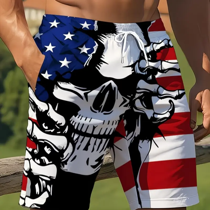 Men's Fashion Skull Flag Swim Trunks, Polyester Material, Mixed Color, Quick-Dry, Beach Surfing Diving, Sporty Fitted Short Pants, Printed Swim Trunks, Swim Shorts, Shorts Swimwear