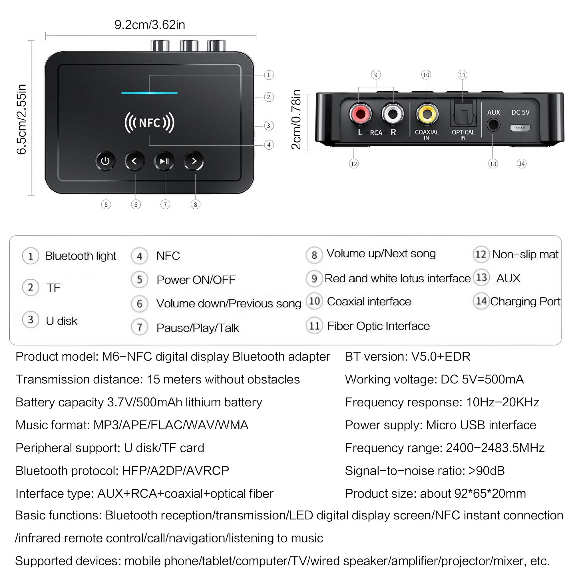 BT 5.0 Three-in-one Wireless Audio Adapter, Multi-function Transmitter and Receiver Supports AUX 3.5mm, RCA, Optical Fiber, USB Interface Connection, HiFi High-fidelity Stereo Music Converter, Suitable for Home Theater Car Audio