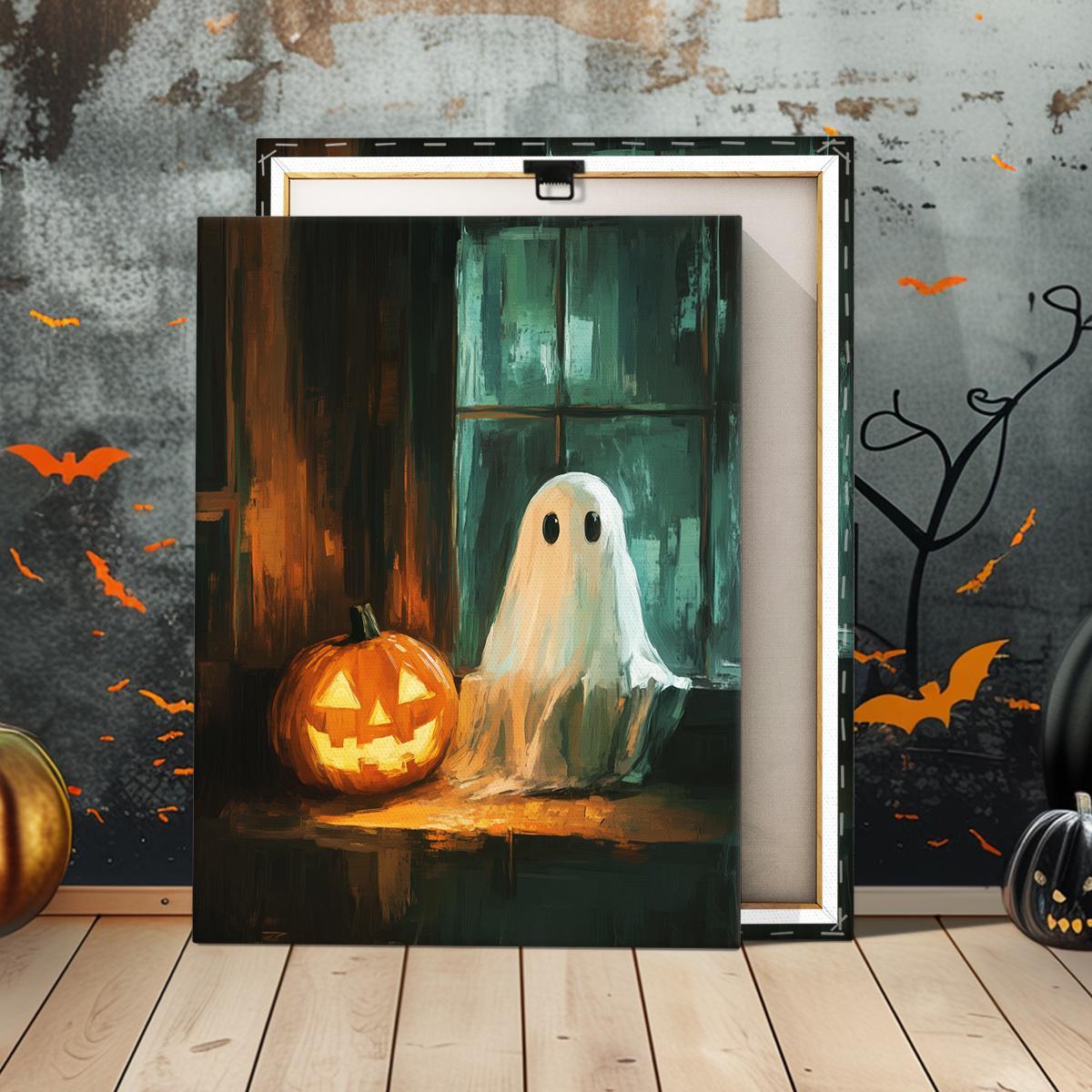 Ghost in The Bathtub Pattern Canvas Painting Framed, 1 Count Halloween Themed Modern Wall Art Painting, Wall Art Decor for Home Living Room Bedroom Office