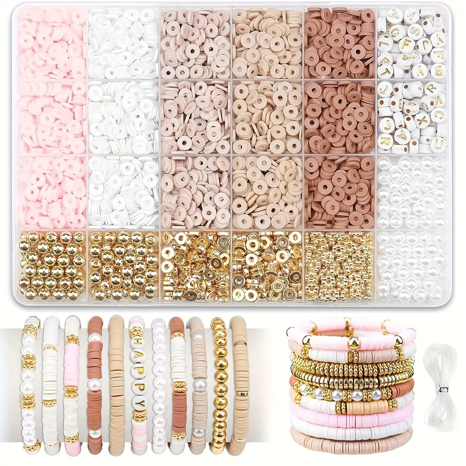 Large Capacity Bead Kit 2850 Pieces, Multicolor Flat Clay Beads DIY with Elastic Rope Tool, Handmade Bracelet Jewelry Materials, Clay Bead Kits