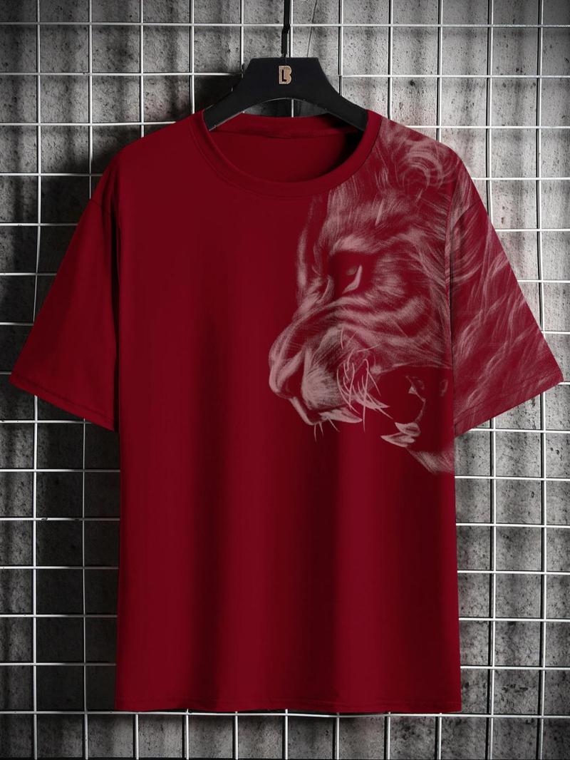 Men's Lion Print Round Neck Tee, Loose Casual Short Sleeve Crew Neck T-shirt for Summer, Fashion Men's Top for Daily Wear, Gym Shirts, Athletic Crew Neck, Gym Tees