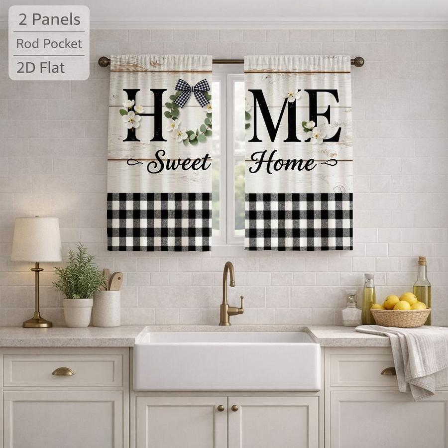 2Pcs Rustic Plaid Farmhouse Letter Print Sun Blocking Curtains Digital Printed Rod Pocket, Window Treatment For Bedroom Office Kitchen Living Room Study Home Decor