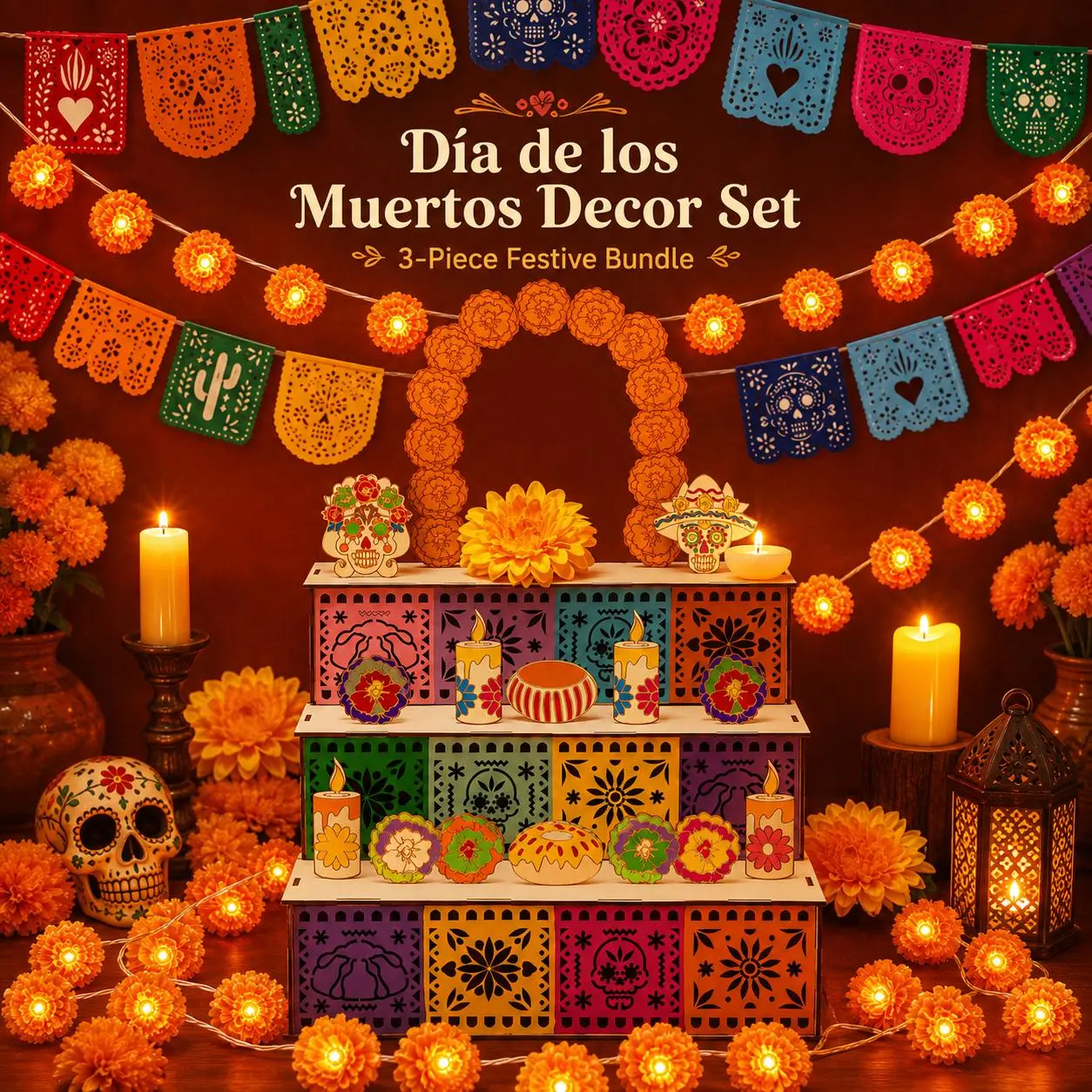 3-Piece Day of the Dead Decoration Set, Wooden Memorial Altar Photo Frame, 3M Marigold Flower String Lights and Colorful Hanging Banner, Memorial Party and Home Decor