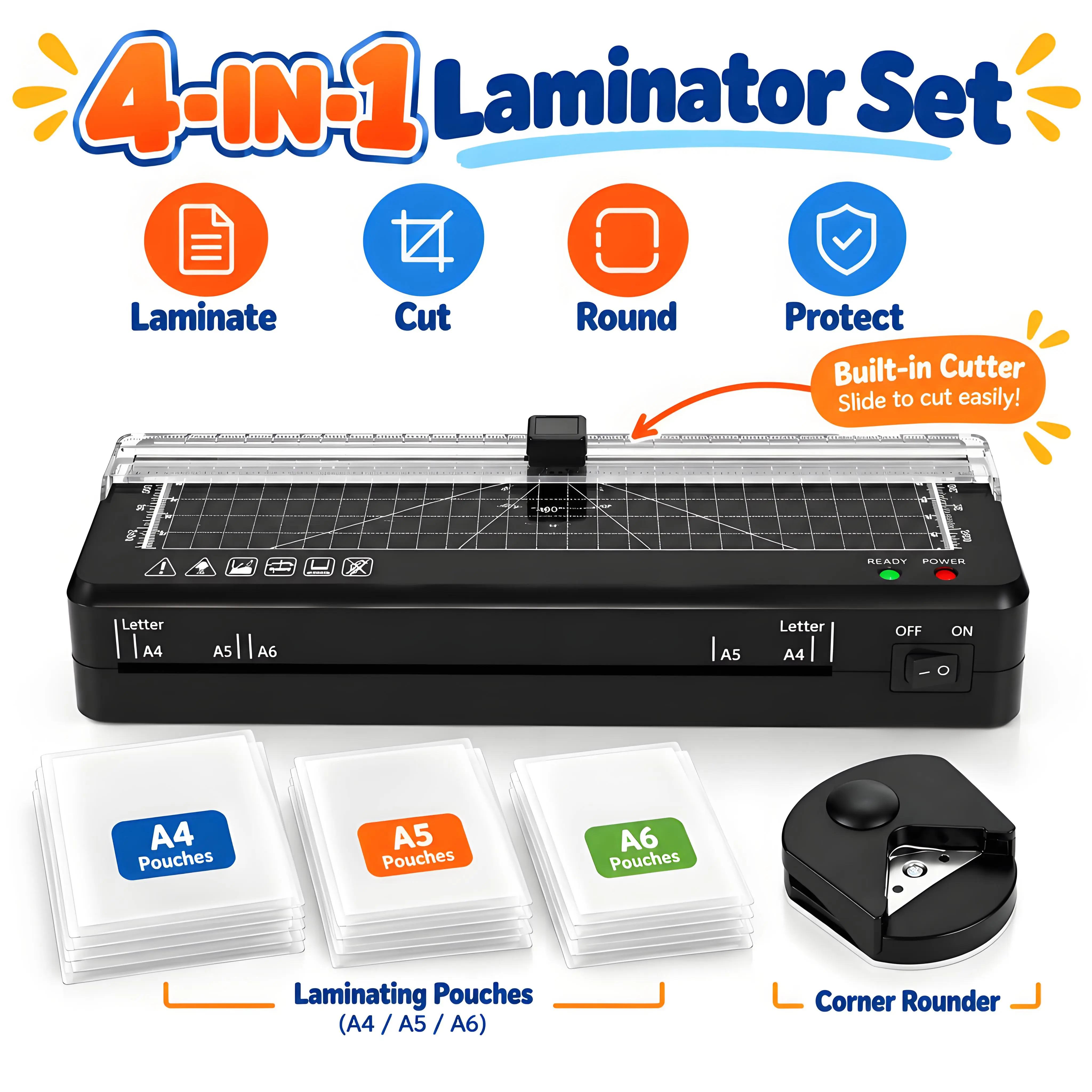 Portable A4 Laminator Machine, 4-in-1 Thermal Laminator Kit with Built-in Paper Cutter, Corner Rounder and Laminating Pouches, Compact Laminator for Photos, Documents, Cards, Home, Office and School, all in one laminator, laminatorkit