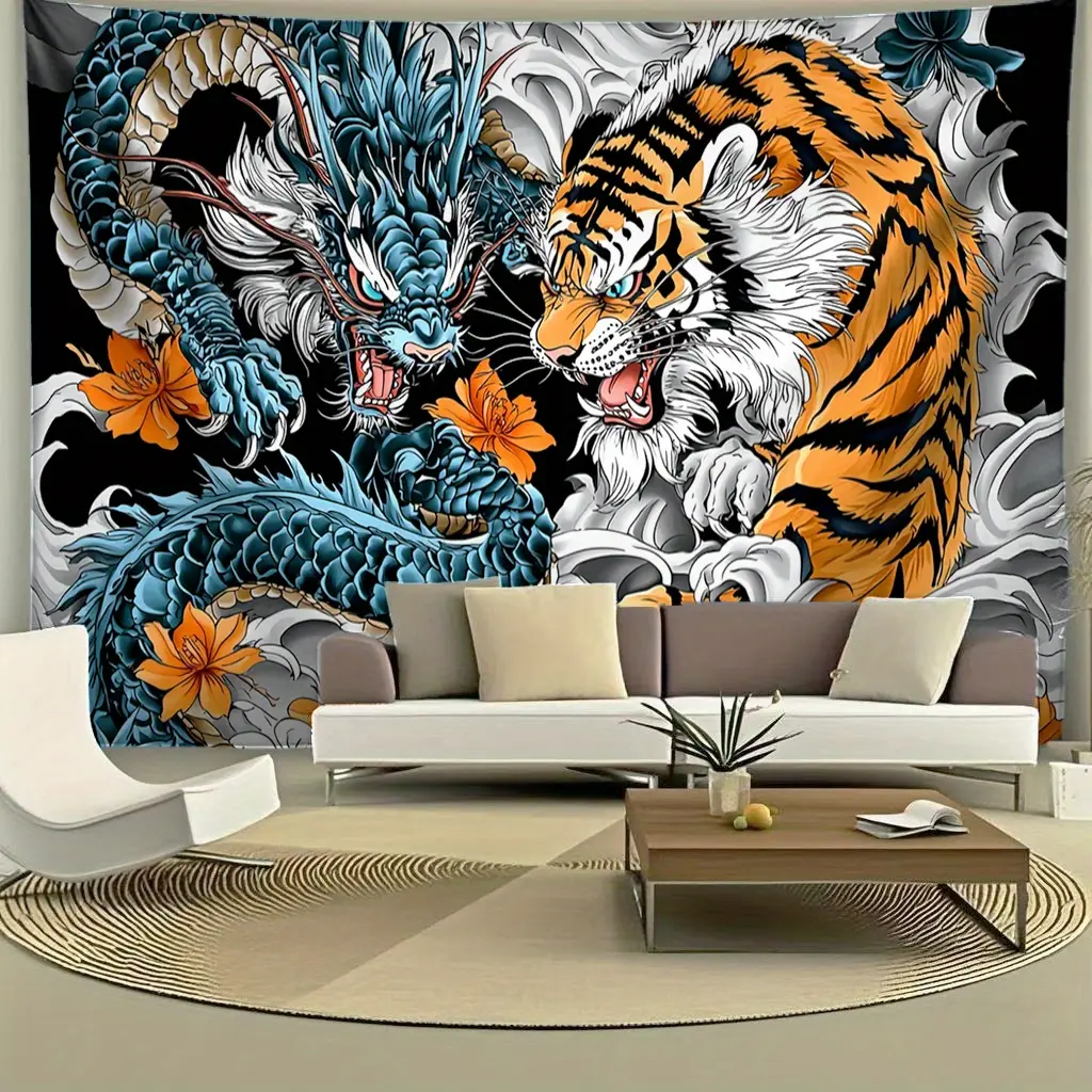 Dragon Tiger Japanese Style Backdrop Party Backdrop Birthday Decoration Photo Background Wall Decor Event Decoration Photography Background Wedding Birthday Festival Indoor Outdoor Polyester Fabric