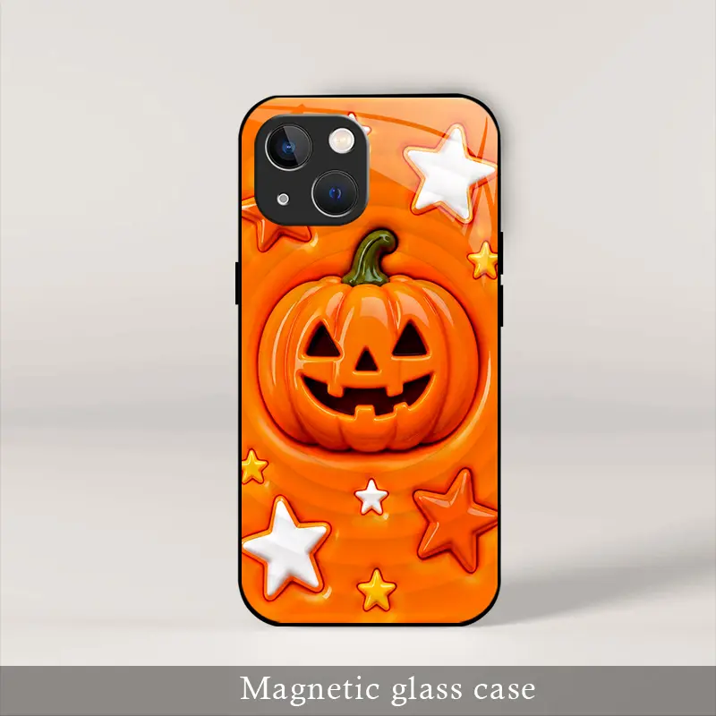 Spooky Season Essential Pumpkin Magnetic Glass Case for iPhone 14 Plus, Cute Halloween MagSafe Cover, Festive Vibe ----975