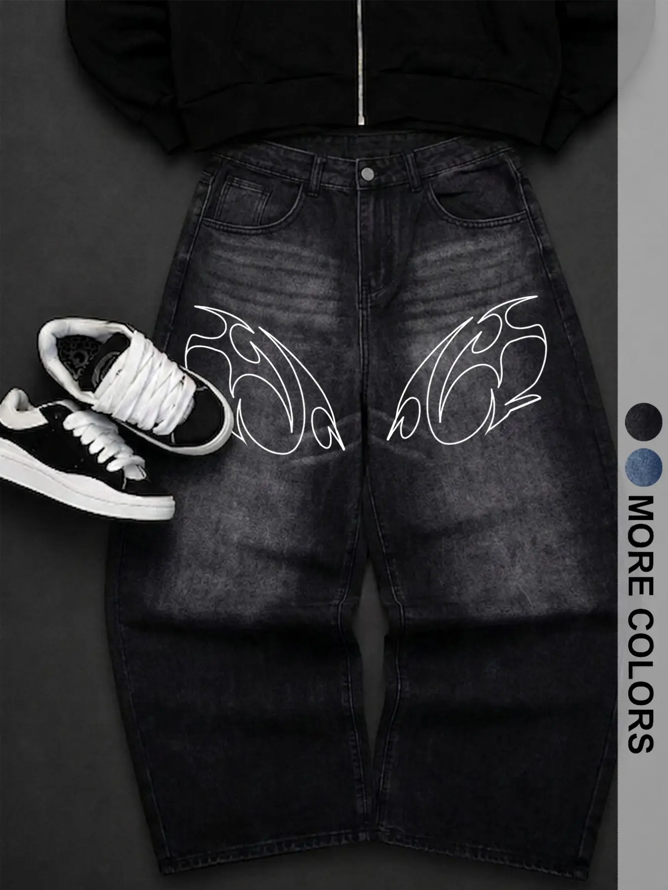 Men's Dark Graffiti Print High Rise Jeans, Cotton Vintage Washed High Waist Loose Fit Straight Leg Streetwear, Unisex All-Seasons Long Pants