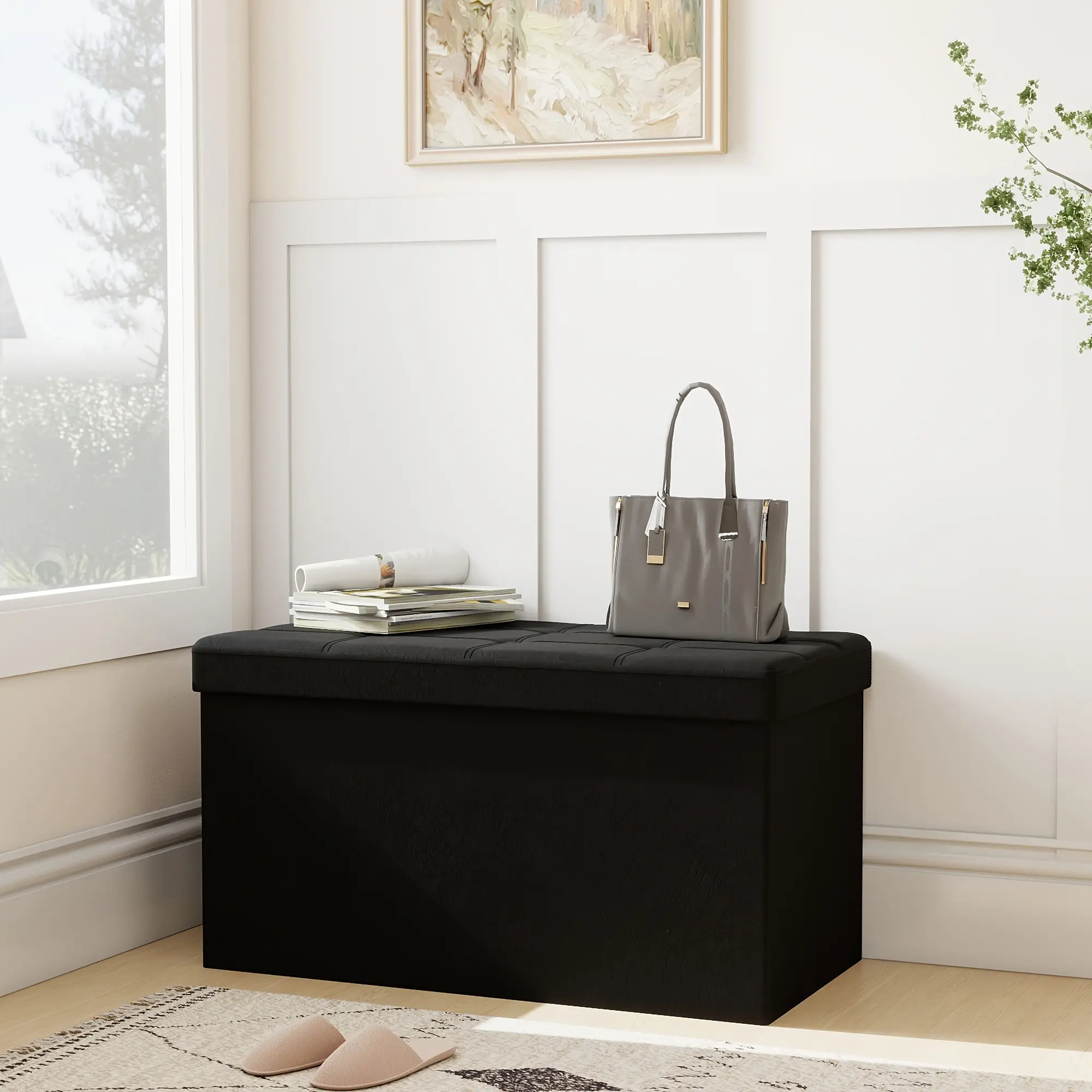 Upholstered Rectangular Storage Ottoman Stool Bench - Leather/Linen Upholstery, Thick Padded Seat, 500 lbs Weight Capacity, 3 Sizes, 3 Colors, Easy Setup, Indoor Furniture