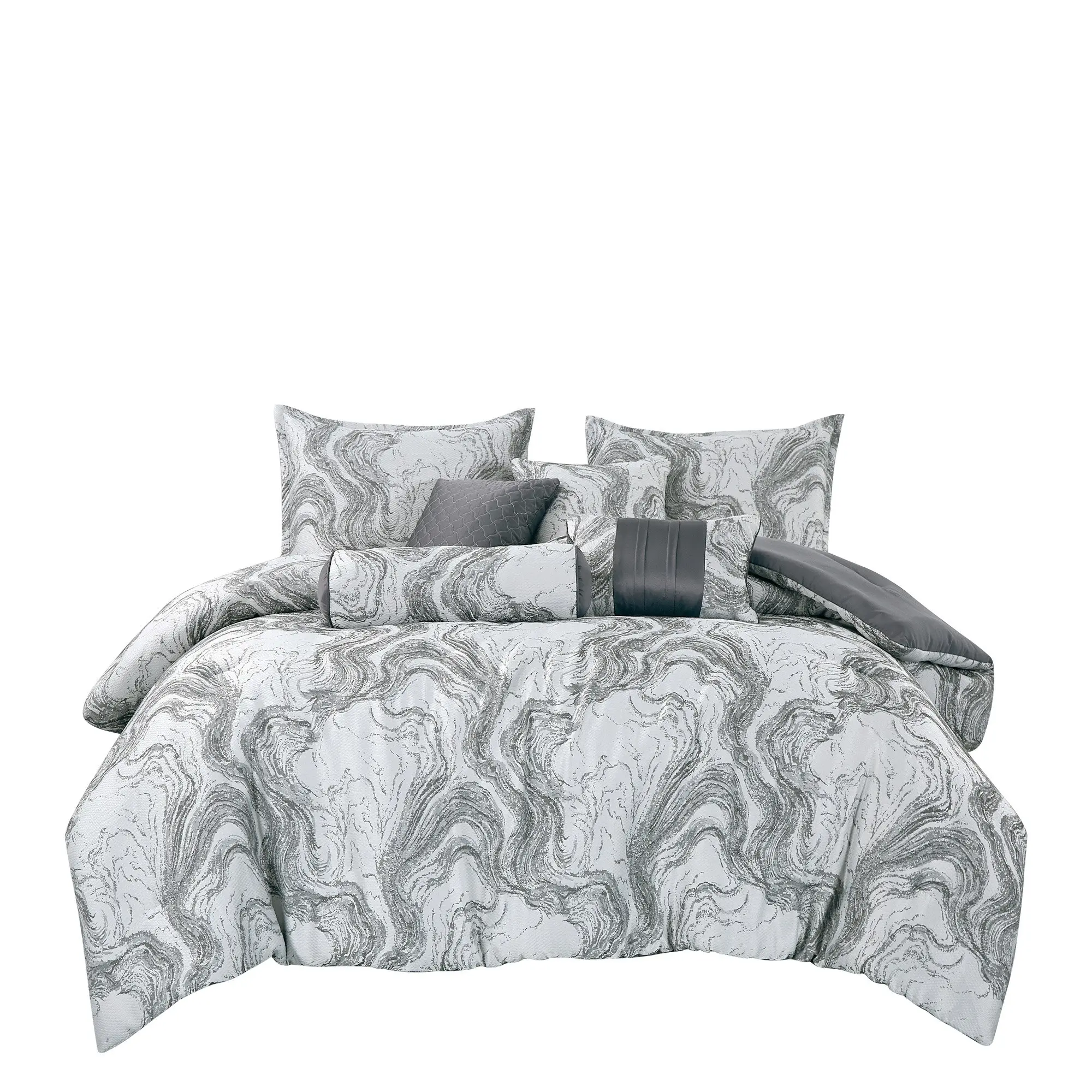 7-Piece Jacquard Comforter Set with 4 Decorative Pillows, Marble Grey, Queen/King