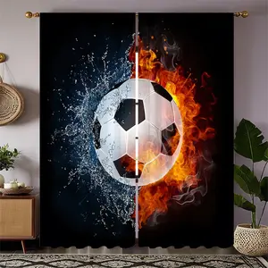 2 Piece Polyester 2D Sports Theme Curtains, Football Pattern Rod Pocket Curtains, Bedroom and Living Room Decor, Drapes for Home Decoration