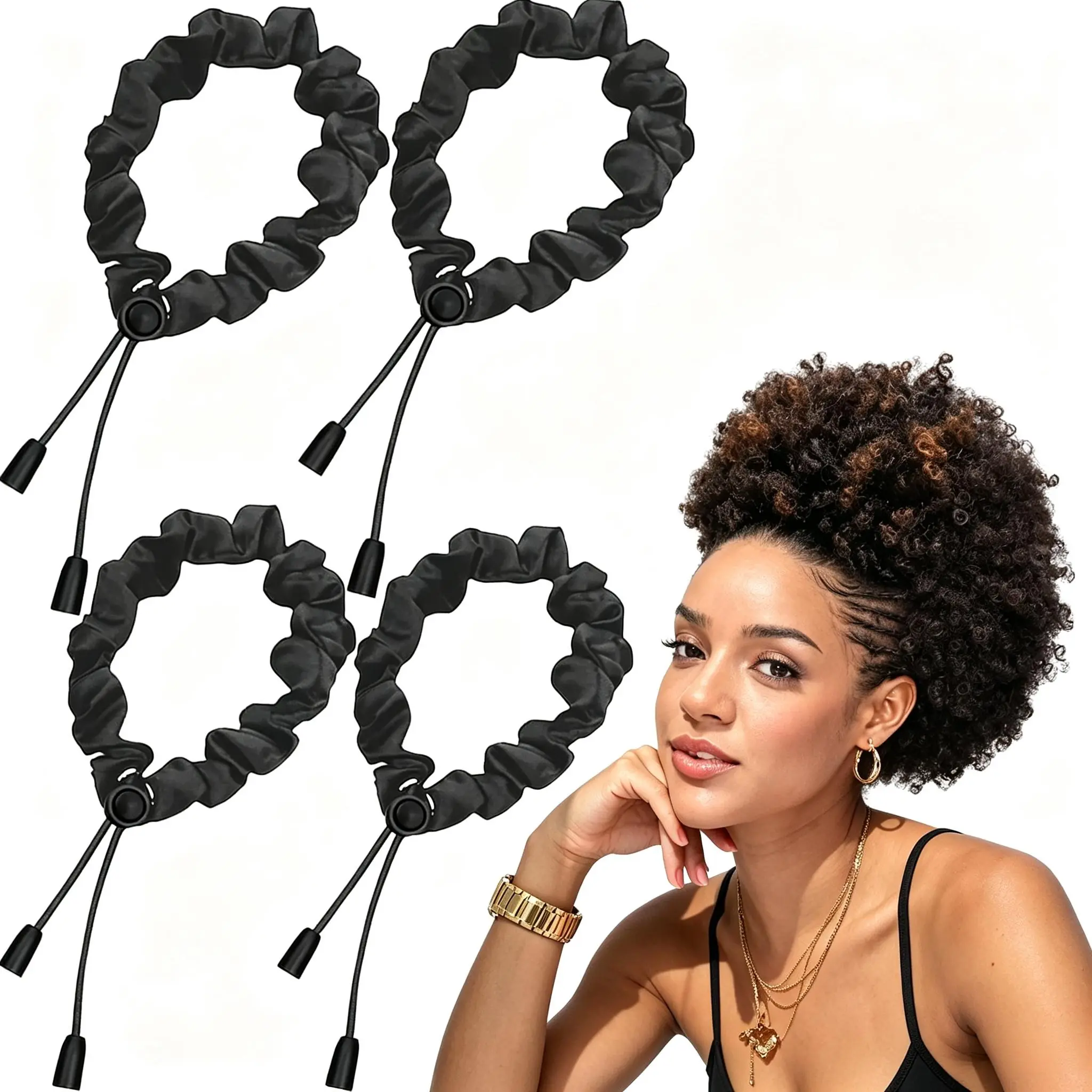 Black Satin Adjustable Scrunchies - Elastic Hair Ties Ponytail Holders, Adjustable Size, Soft for 4c Thick Curly Natural Hair, Afro Puffs Loc Accessories