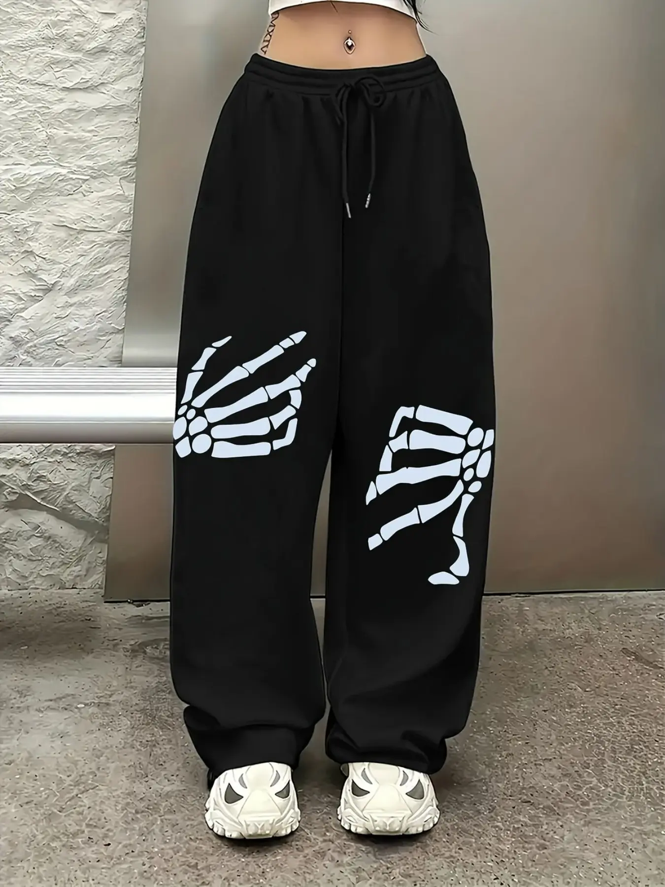 Women's Halloween Special Gift, Gothic Street Style High-Waisted Drawstring Wide-Leg Pants, Skull Print Y2K Casual Long Trousers