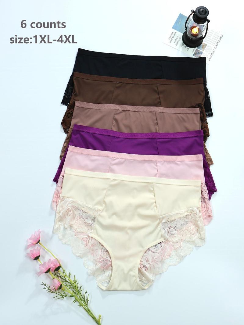 Plus Size Contrast Lace Brief, Breathable Comfortable Knicker for Daily Wear, Women's Underwear for All Seasons, Contrast Lace Panties