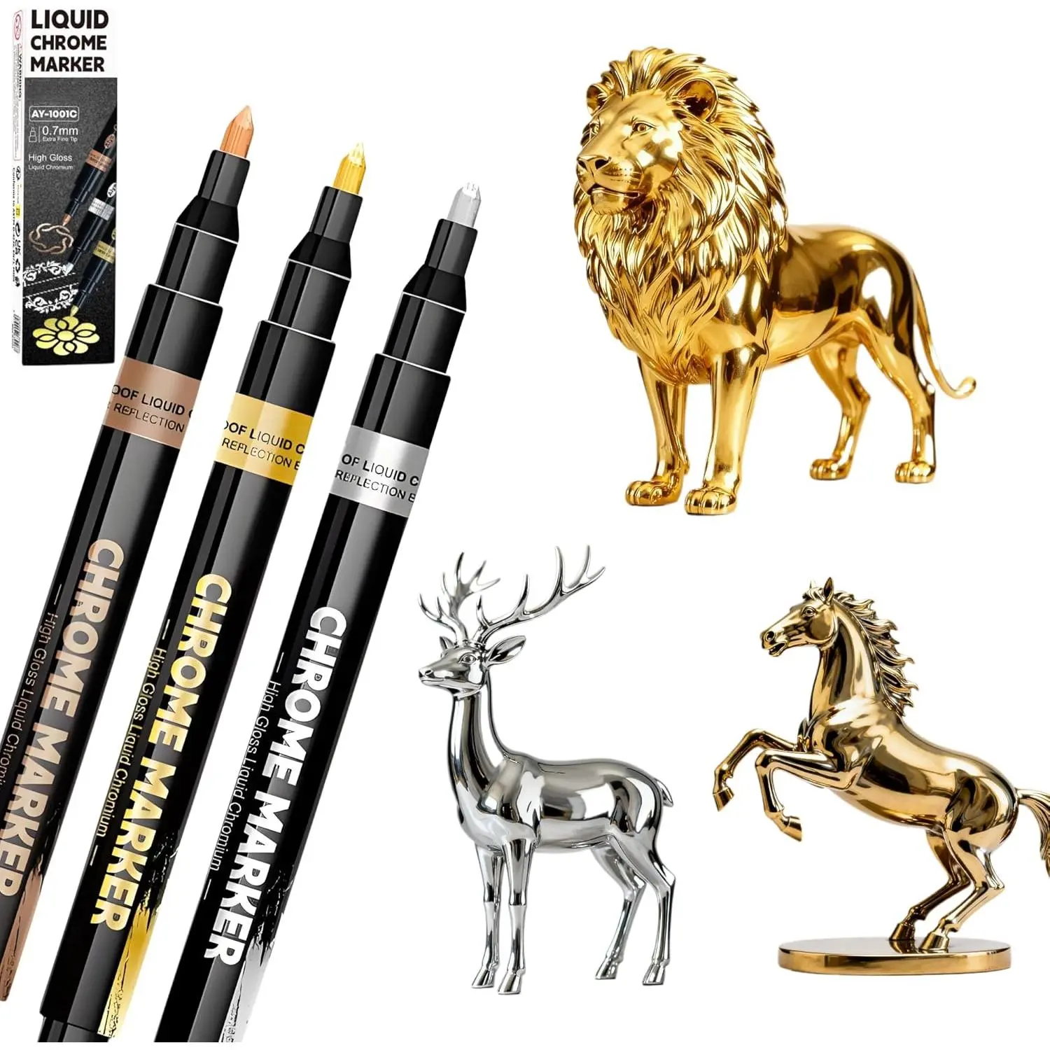 3 count Liquid Chrome  Markers - Mirror Metallic  Permanent Pens for Plastic, Metal, , Wheels, Models, Up & Repair Kit, DIY Art Projects, Painting Supplies (Multicolor)