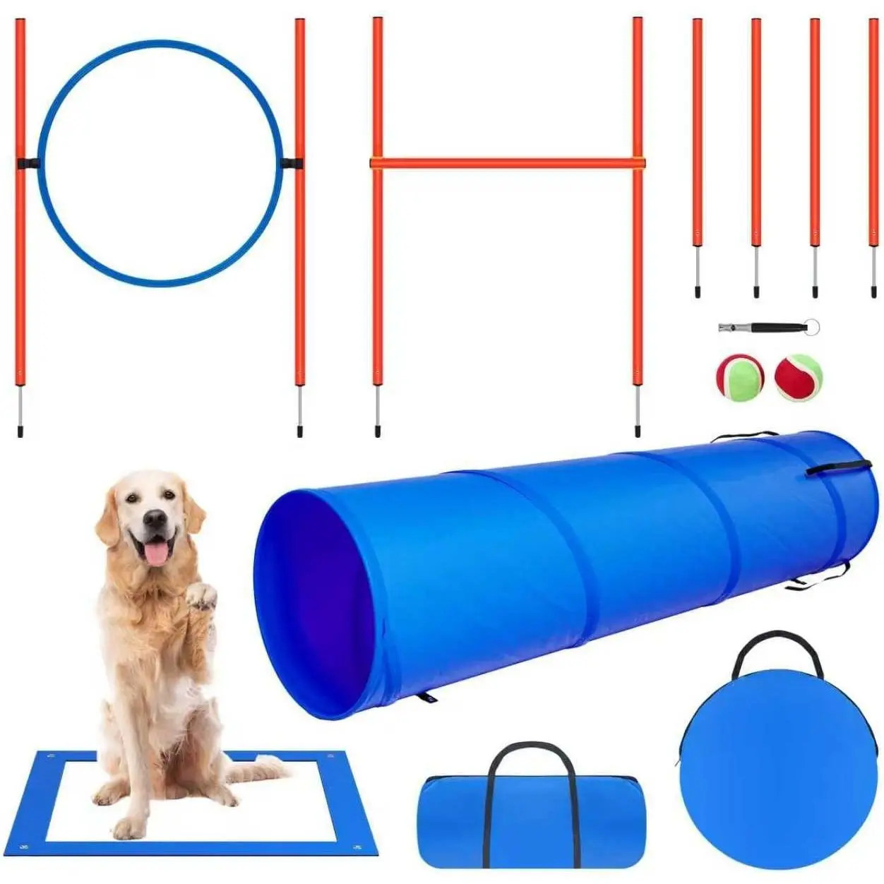 Dog Agility Equipment Set, Backyard Dog Obstacle Courses - Pet Outdoor Games with Adjustable High Jump, Agility Weave Poles, Tunnel, Jumping Ring, Pause Box, 2 Balls, Whistle and Carrying Bag
