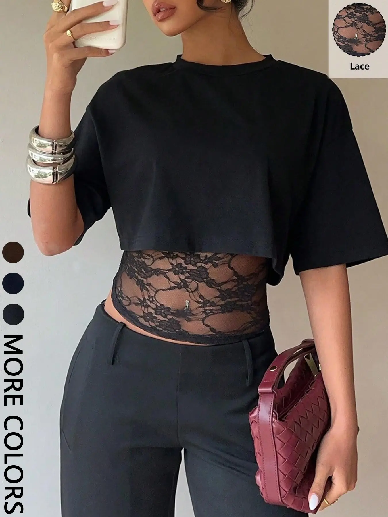 Women's Casual Basic Lace Lining Fake Two-Piece Design T-Shirt, Daily Commute Essential, Vacation/party Versatile Top, Fitted Style