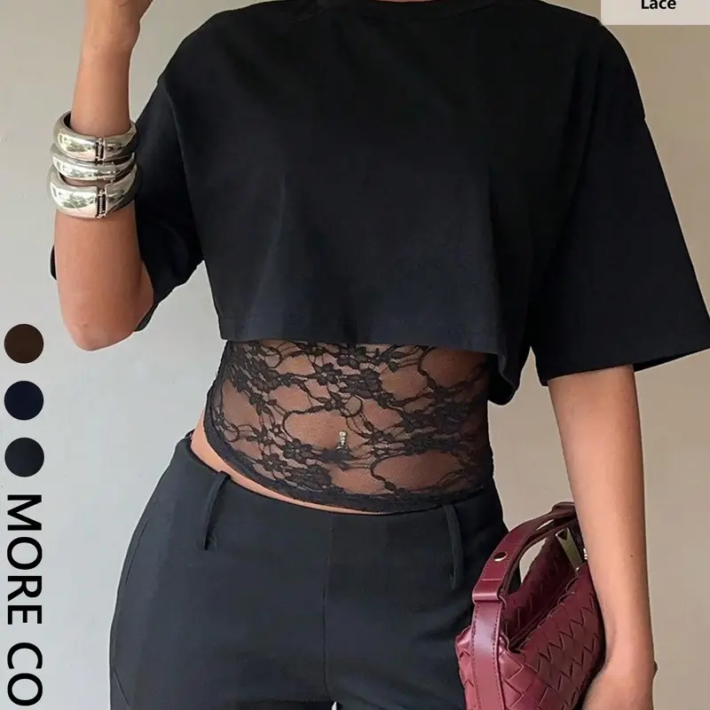 Women's Casual Lace Lining 2-in-1 Design T-Shirt, Daily Commute Essential, Everyday, Vacation/party Versatile Top, Fitted Style