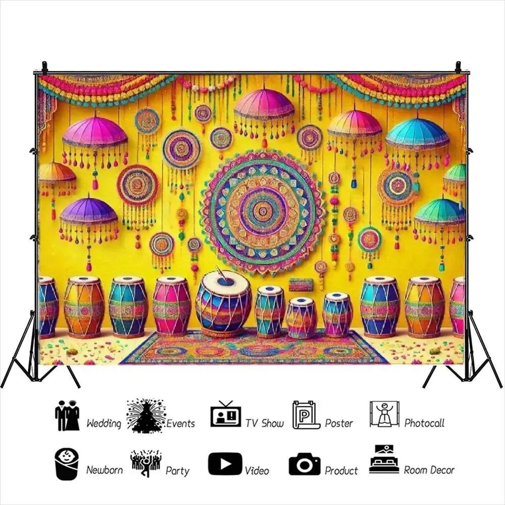 Indian Style Background Cloth, Mandala Pattern Rainbow Umbrella Hanging Decor, Ethnic Traditional Instrument Decoration, Wedding Party Photo Backdrop