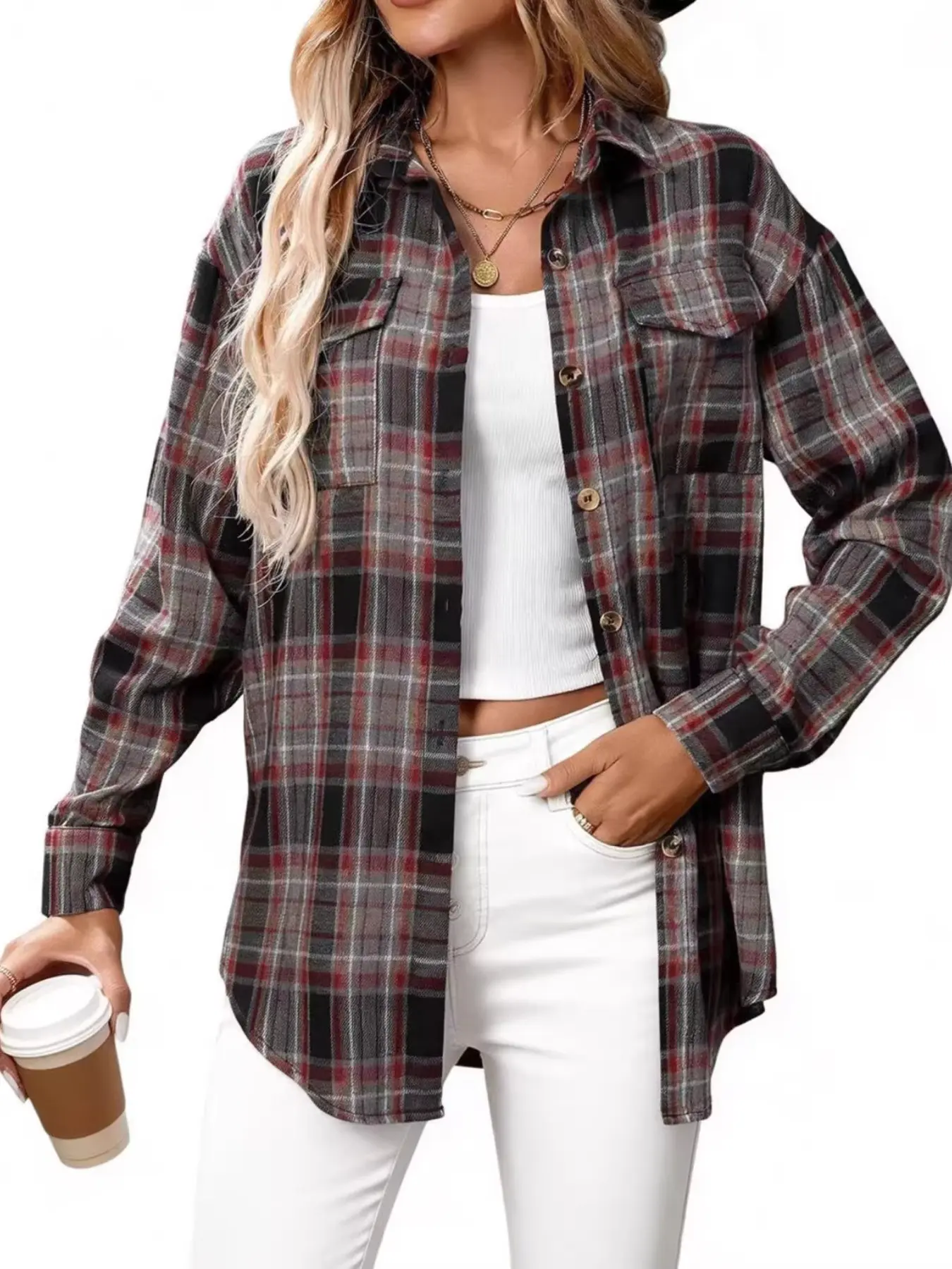 2026 New Autumn/winter Women's Casual Plaid Shirt, Loose-Fit Fashionable Top with Pockets, Eu/us Cross-Border Clothing