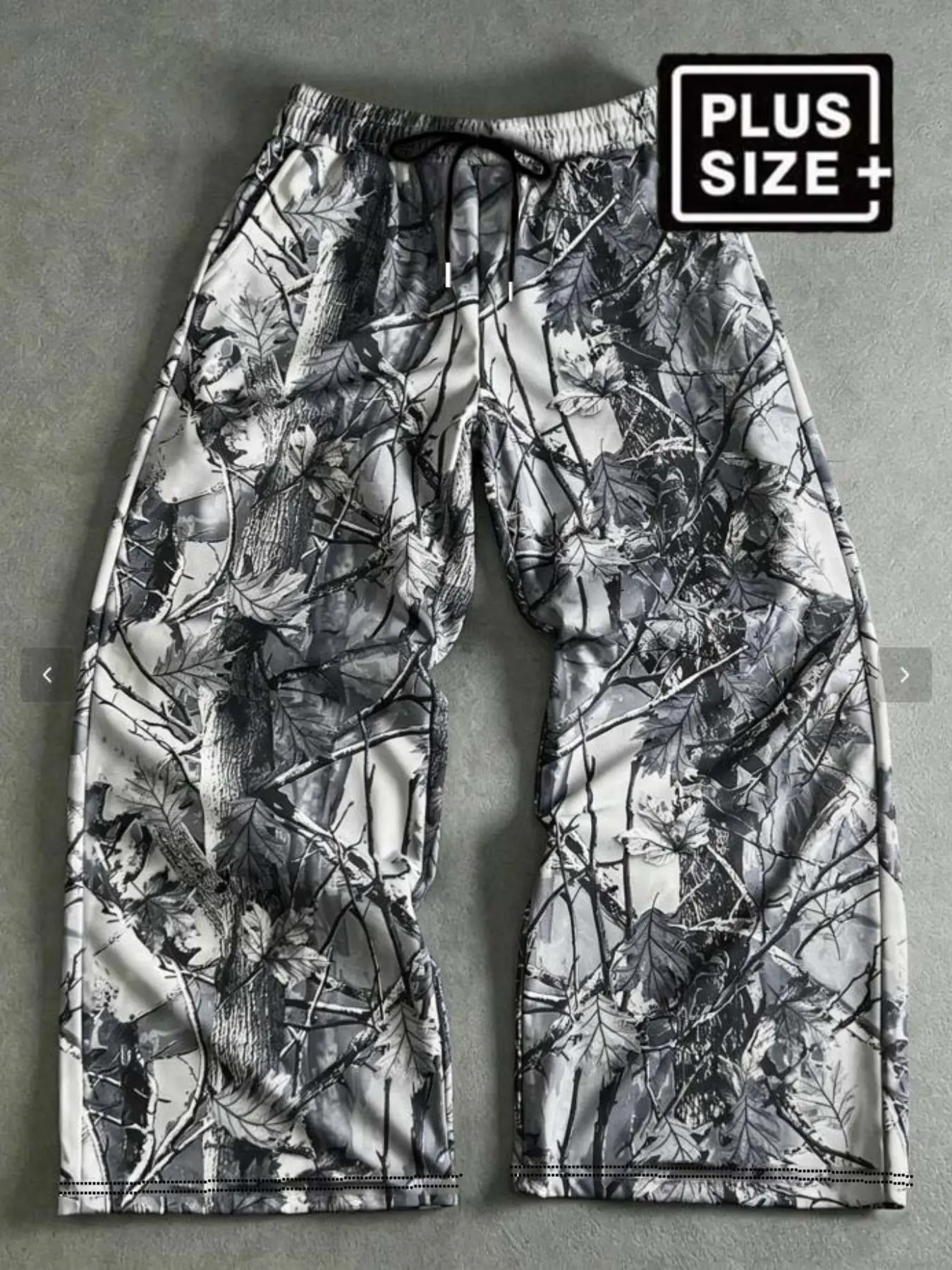 Men's Plus Size Grey Woodland Tree Leaf Camo Drawstring Waist Wide Leg Pants, Loose Fit Casual Street Outdoor All-Season Trousers, Vintage Hunting Style Daily Wear Fashion Bottoms for Men