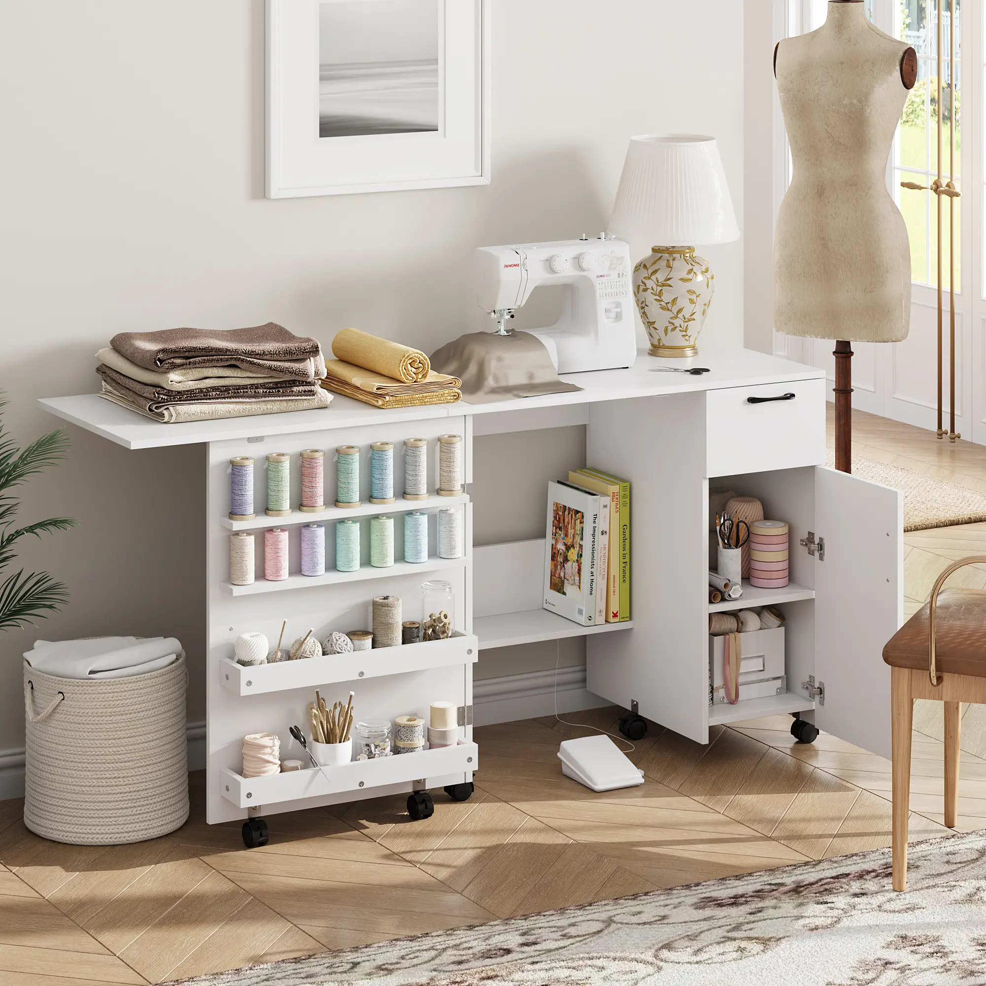 Foldable Rolling Craft Cabinet, Expandable Rolling Craft Table With Cabinet & Thread Rack, Space-Saving Sewing Machine Table for Entryway, Compact Organizer Desk for Home, Bedroom, Small Spaces ﻿ ﻿