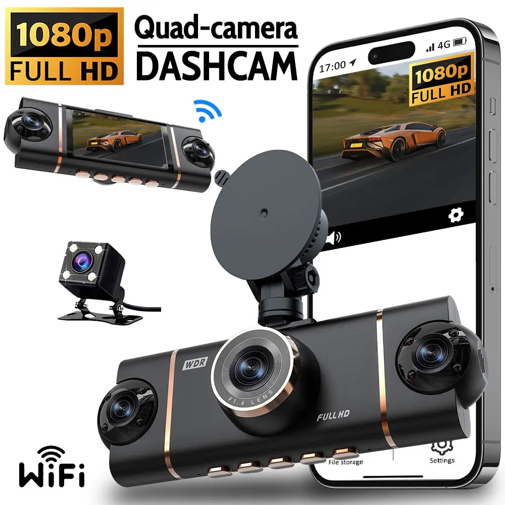 4ch Dash Cam Front and Rear with WiFi Dashcam, 1080P Fhd Super Night Vision, 24/7 Parking Mode, G-Sensor, Emergency Recording, Multi Rear Camera
